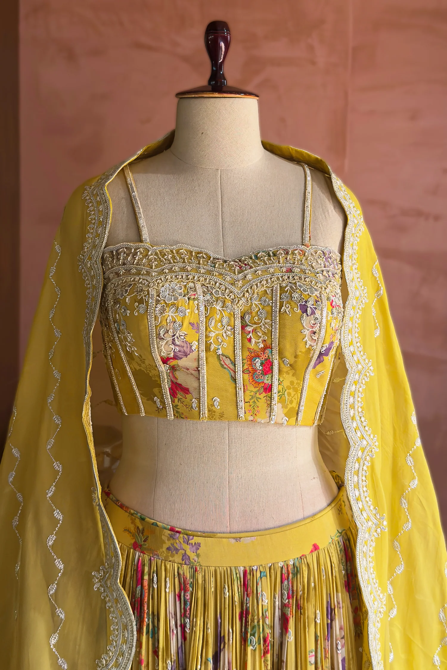 Lime Yellow Chiffon Chinon Silk Floral Printed Corset Lehenga - Image 4