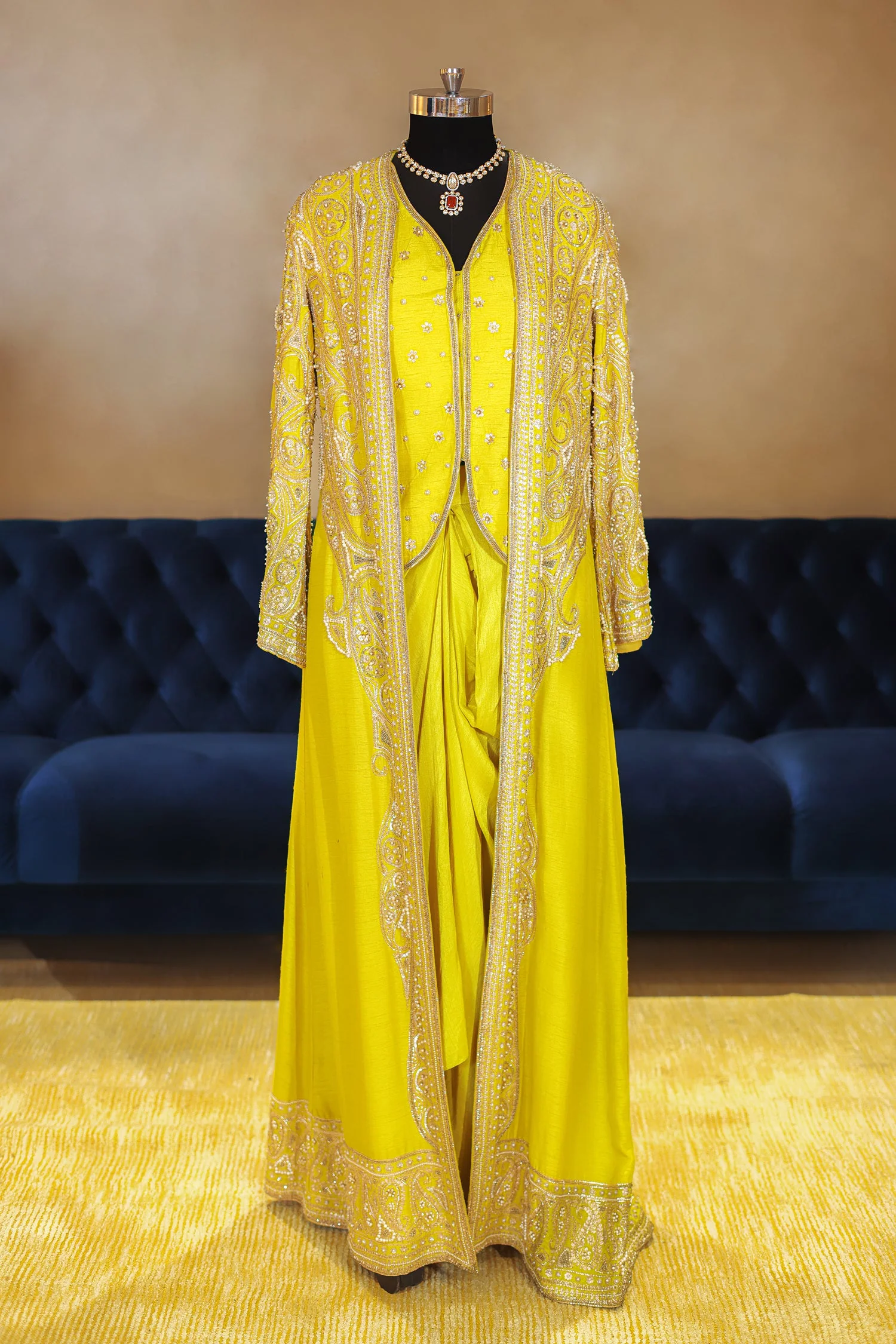 Lime Yellow Raw Silk Designer Heavy Worked Crop Top Jacket with Pleated Dhoti Skirt - Image 3