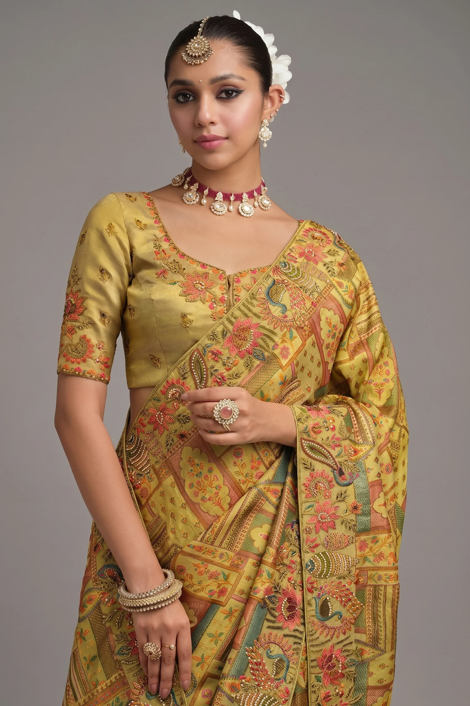 Lime Yellow Silk Woven Saree with Embroidery - Image 2