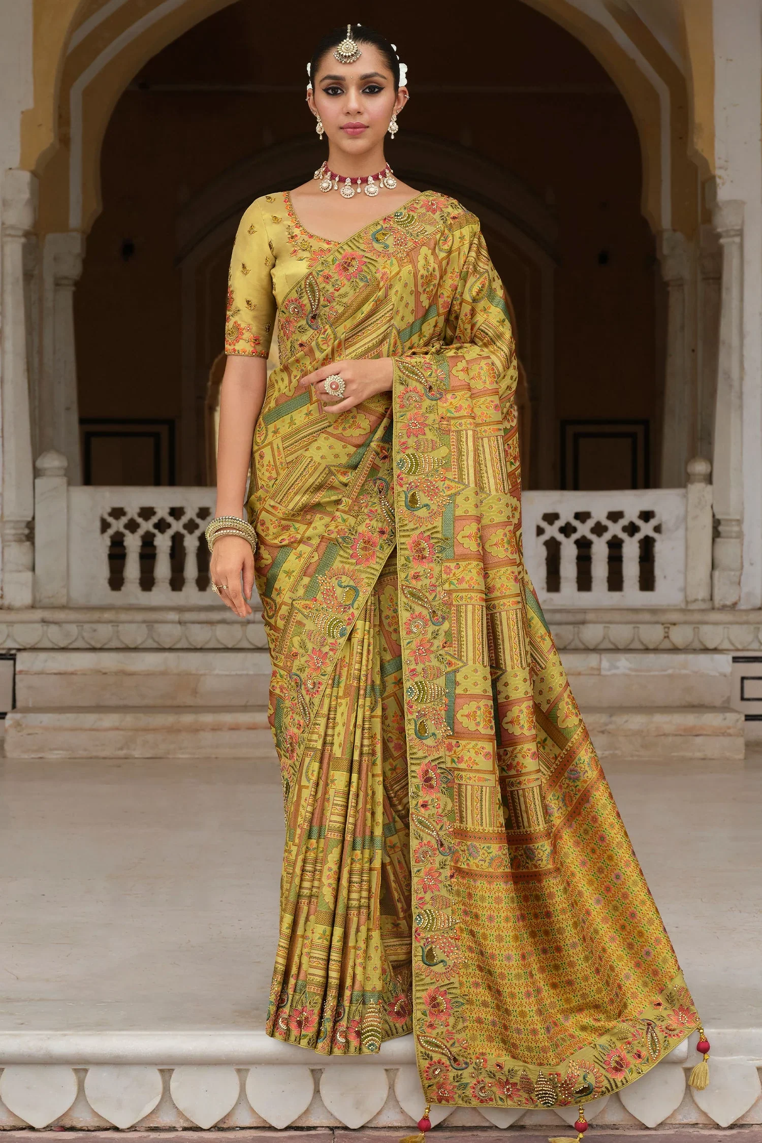 Lime Yellow Silk Woven Saree with Embroidery - Image 3