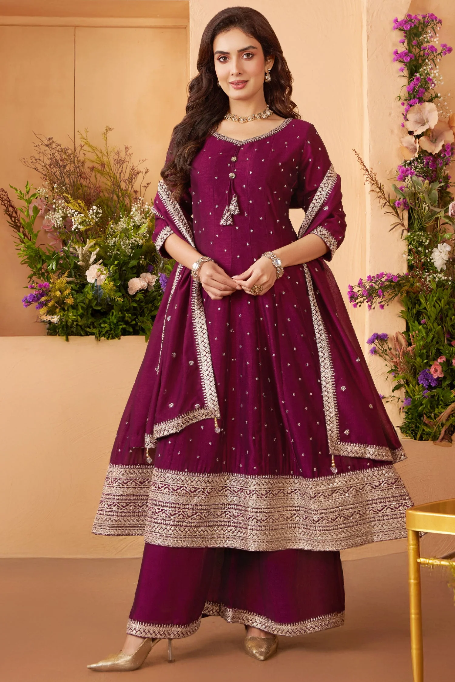 Magenta Art Silk Sequin Embroidery Anarkali Palazzo Suit - Image 2