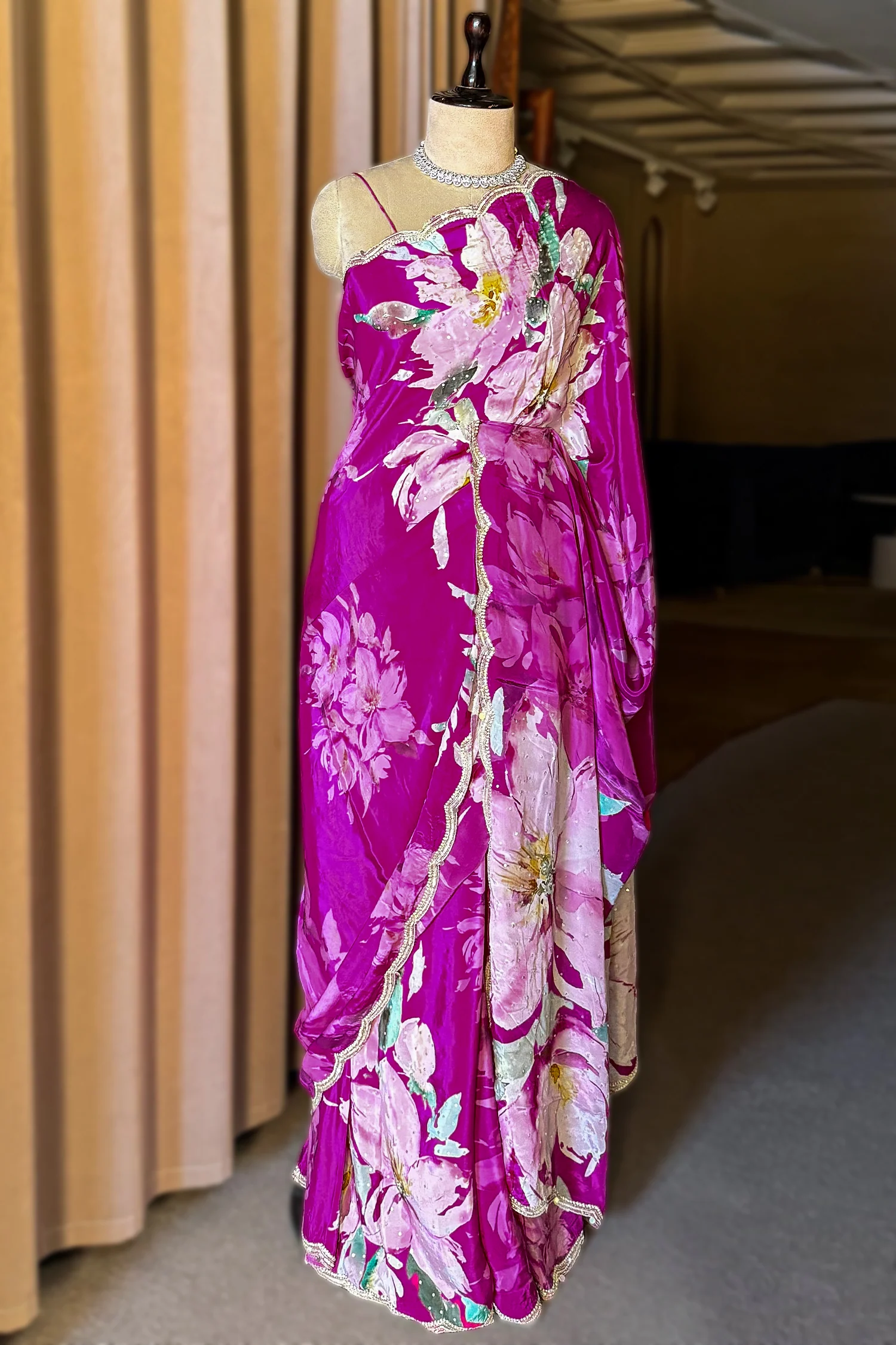 Magenta Crepe Silk Floral Printed Saree with Scallop Sequin Beaded Border - Image 3