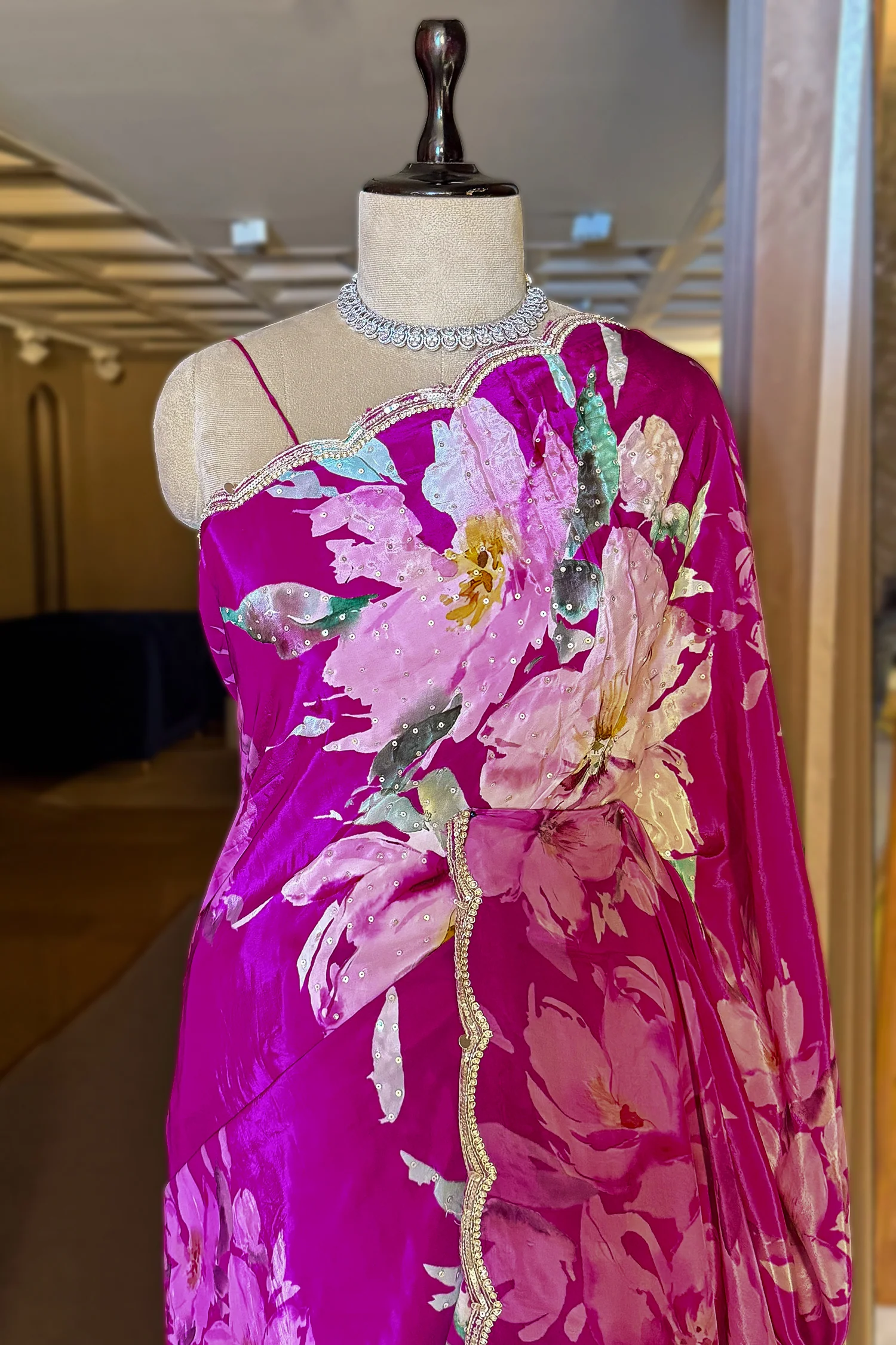 Magenta Crepe Silk Floral Printed Saree with Scallop Sequin Beaded Border - Image 4
