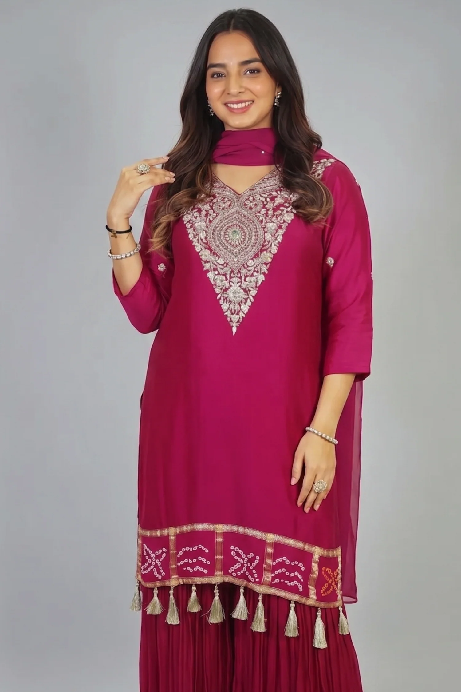 Magenta Gaji Silk Zardosi Sequin Worked Sharara Suit - Image 2