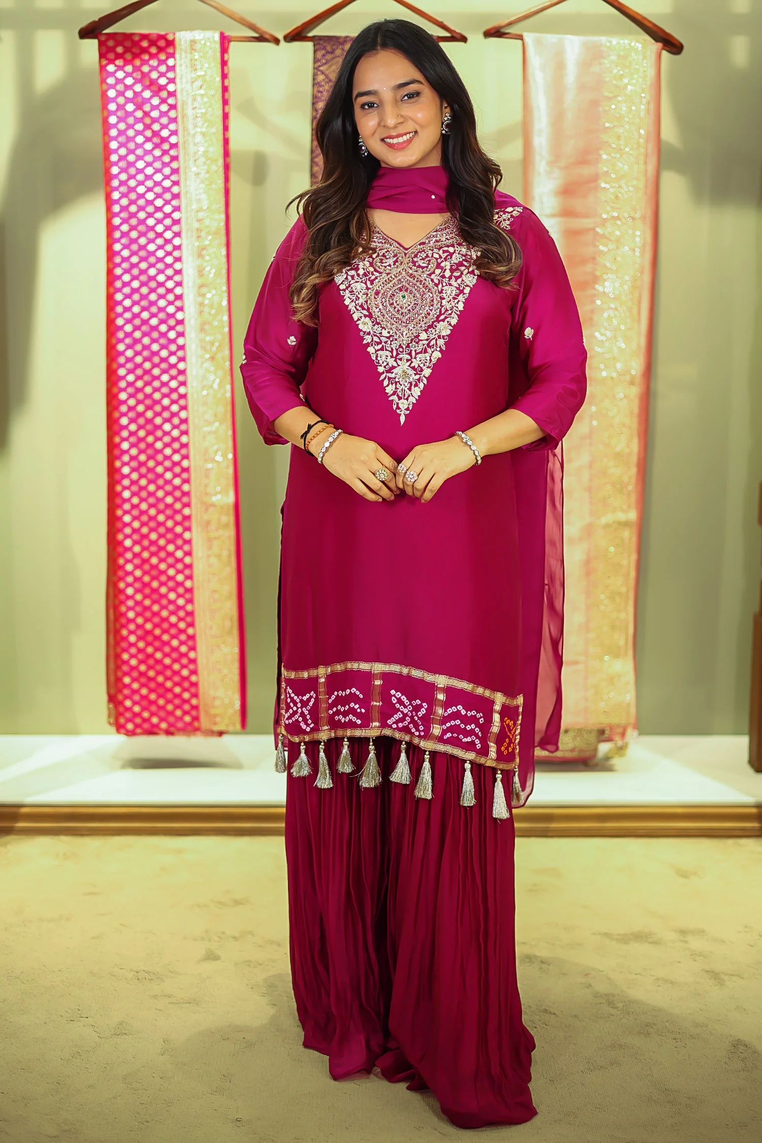 Magenta Gaji Silk Zardosi Sequin Worked Sharara Suit - Image 3