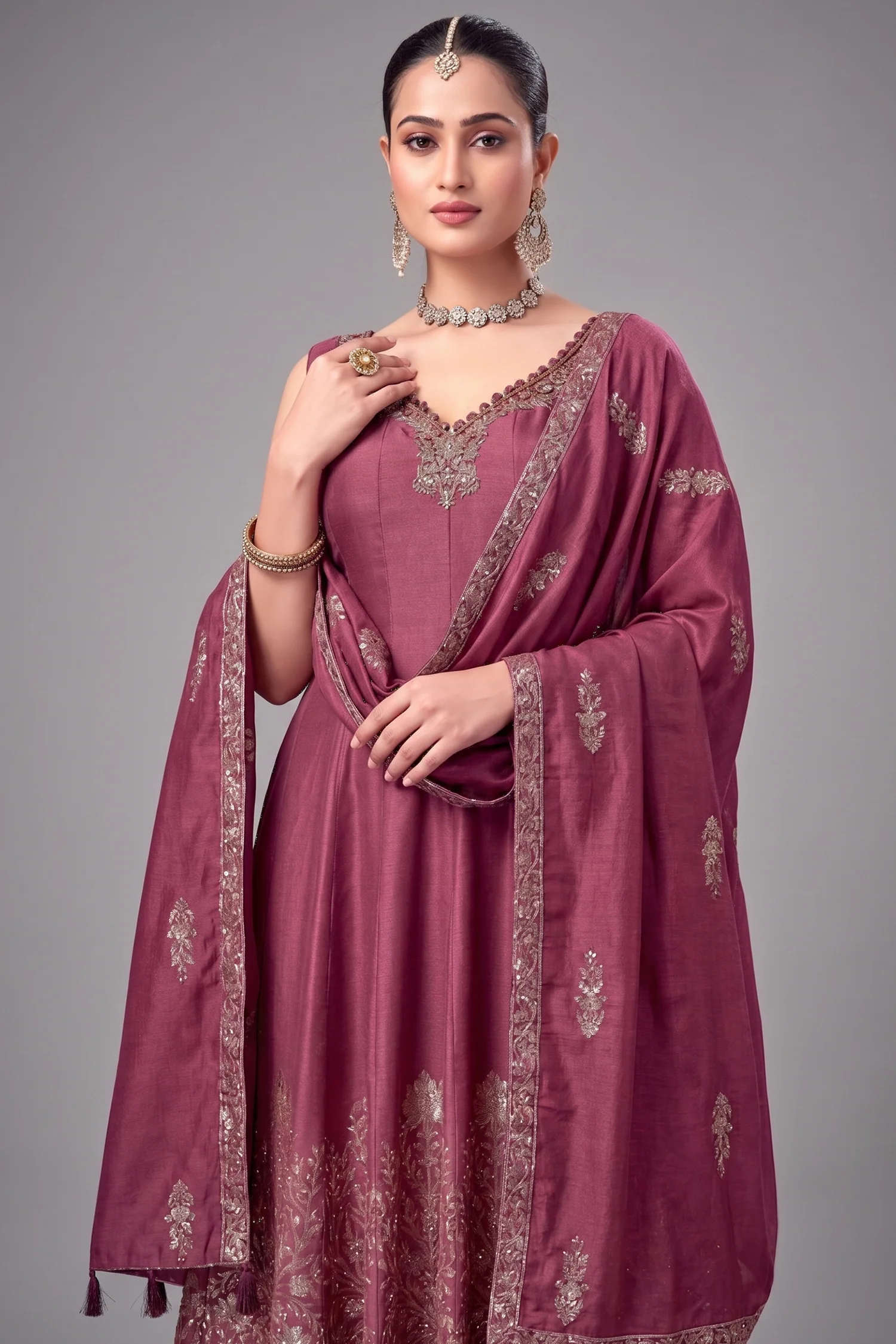 Magenta Haze Art Silk Floral Woven Anarkali Palazzo Suit - Image 2