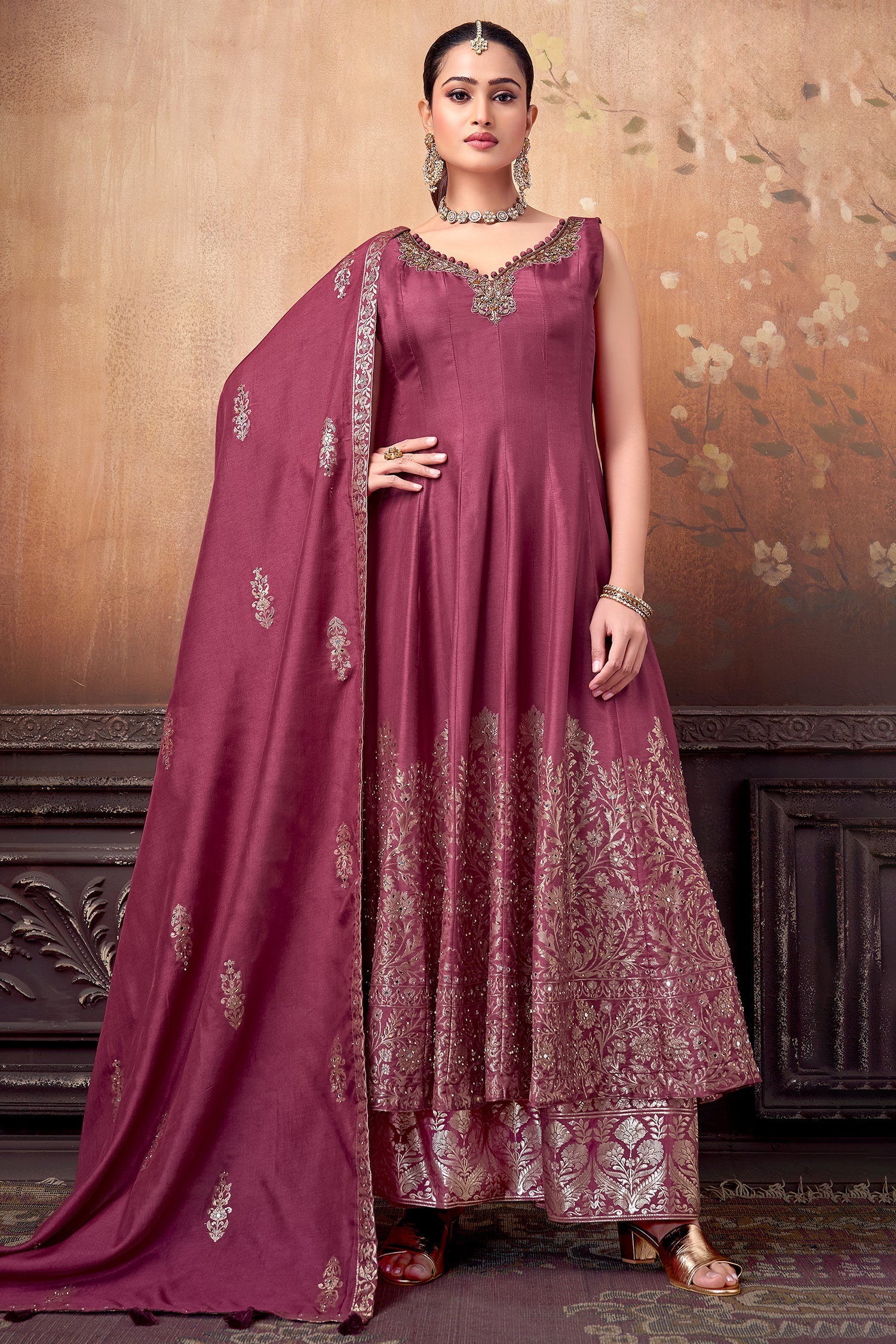Magenta Haze Art Silk Floral Woven Anarkali Palazzo Suit - Image 3