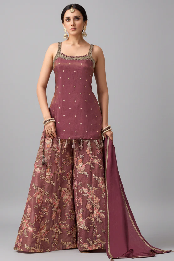 Magenta Haze Tissue Weaving Palazzo Suit