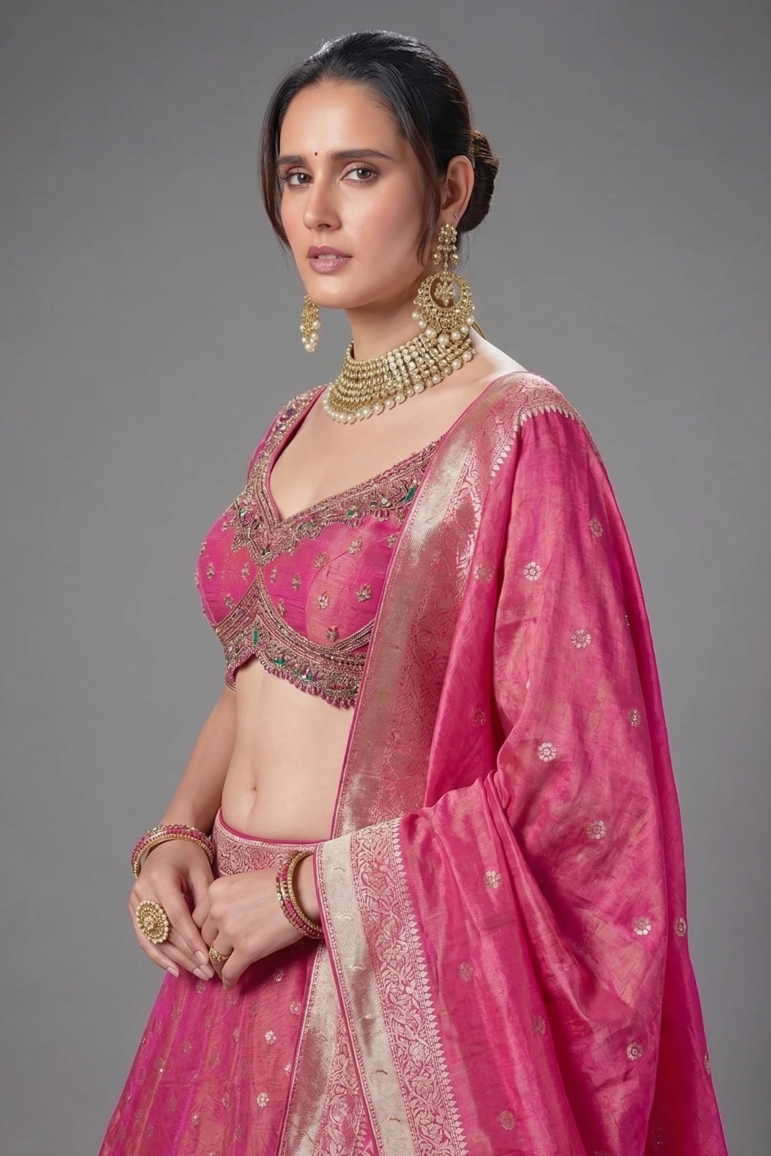 Magenta Pink Tissue Woven Lehenga with Paithani Border - Image 2