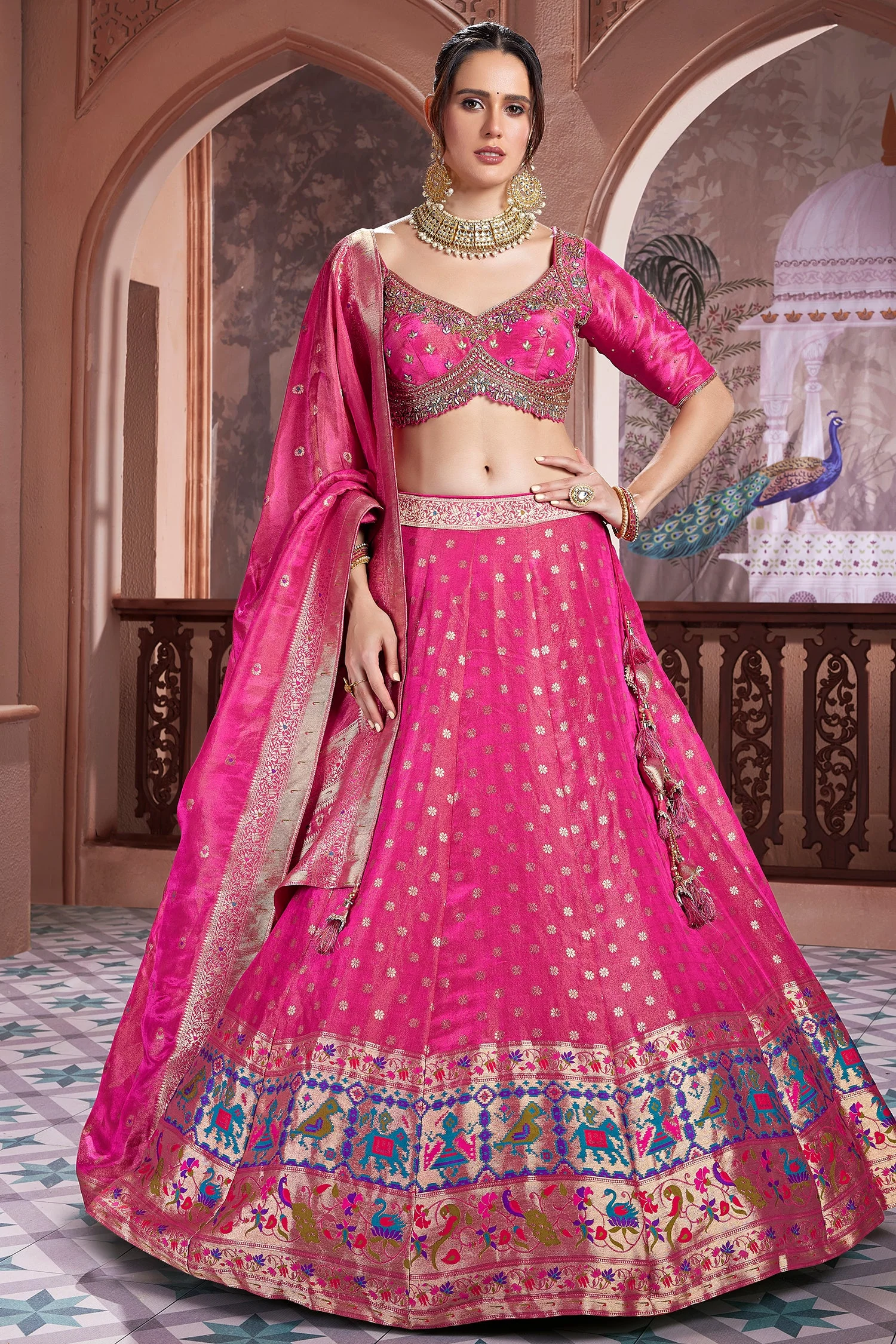 Magenta Pink Tissue Woven Lehenga with Paithani Border - Image 3