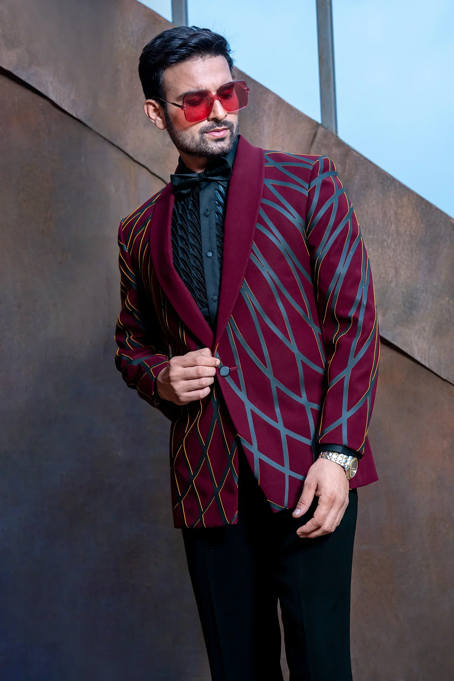 Maroon and Black Imported Tuxedo Suit - Image 2