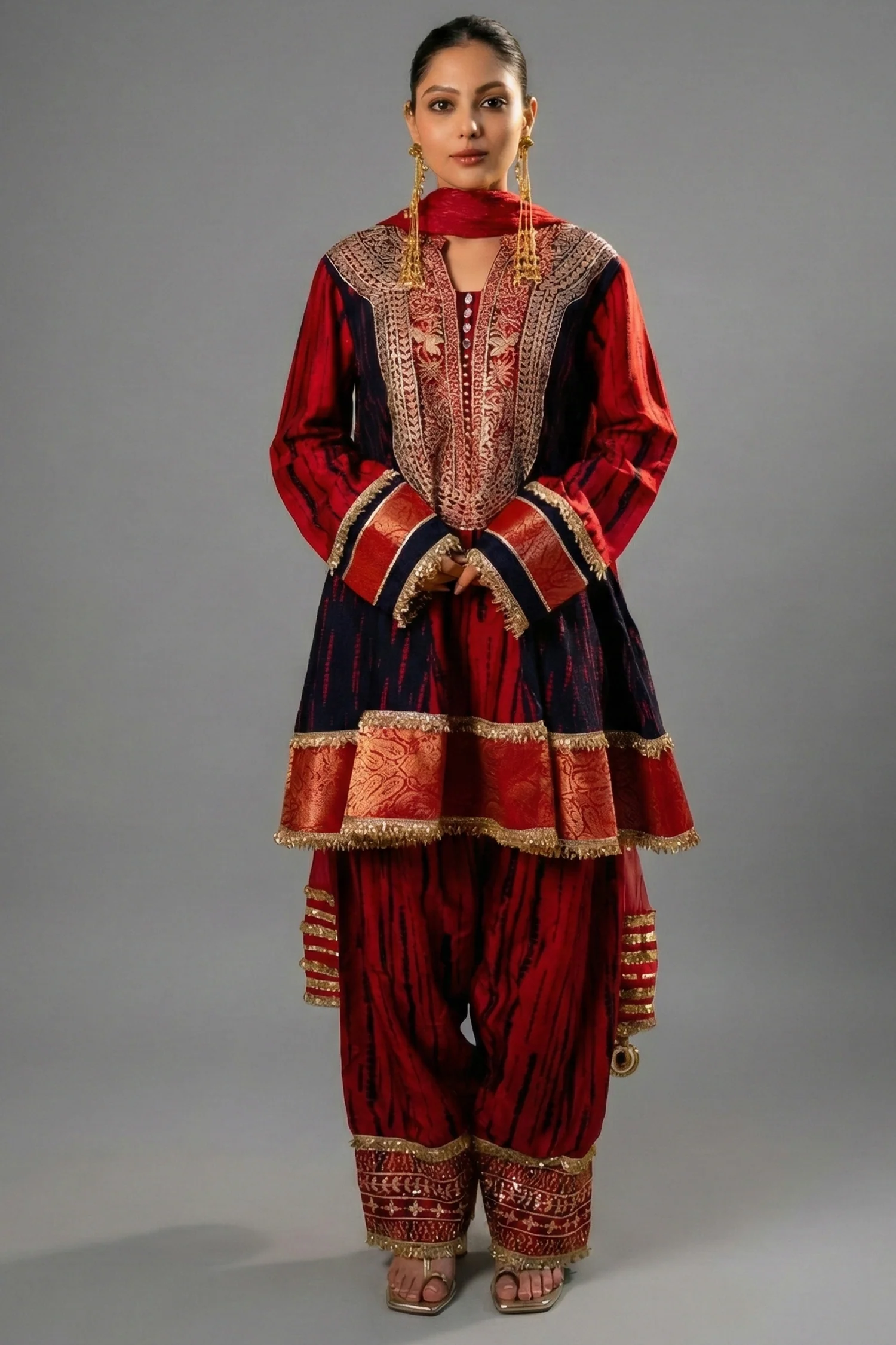 Maroon and Dark Navy Blue Raw Silk Choga Style Suit
