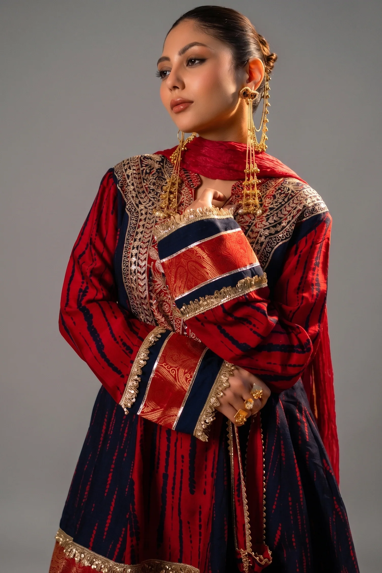 Maroon and Dark Navy Blue Raw Silk Choga Style Suit - Image 2