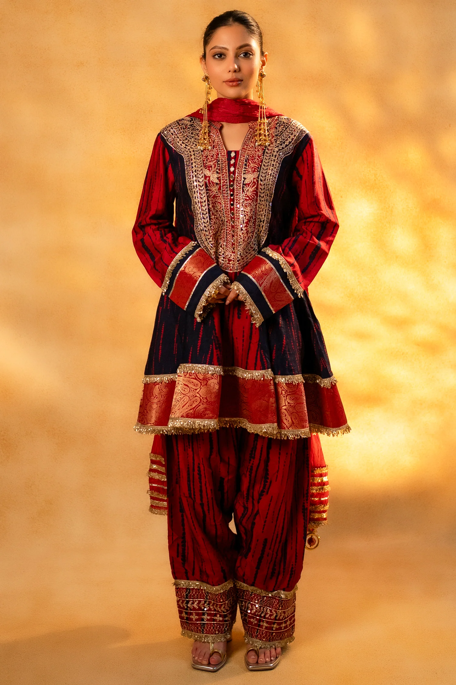 Maroon and Dark Navy Blue Raw Silk Choga Style Suit - Image 3