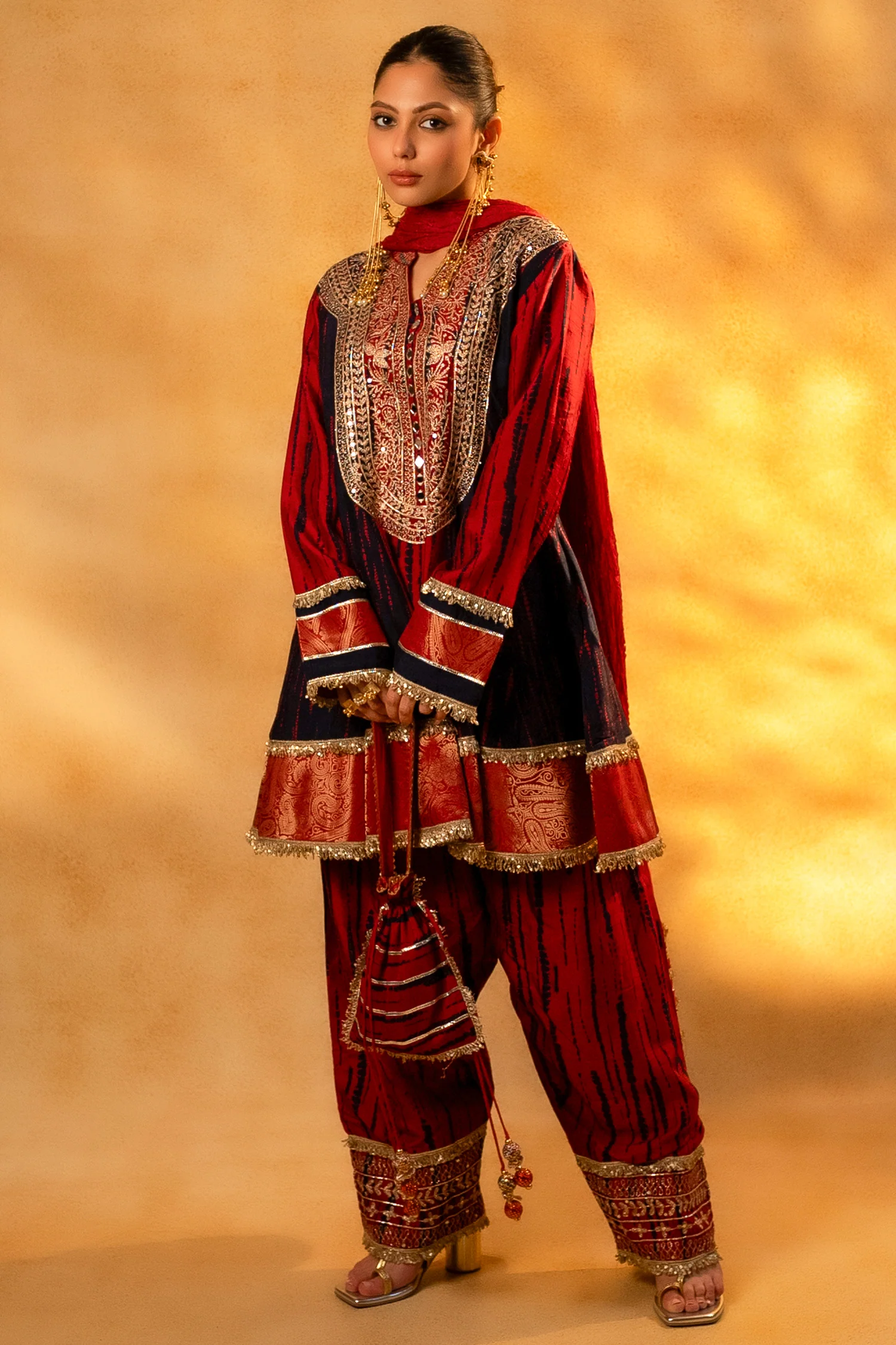 Maroon and Dark Navy Blue Raw Silk Choga Style Suit - Image 4