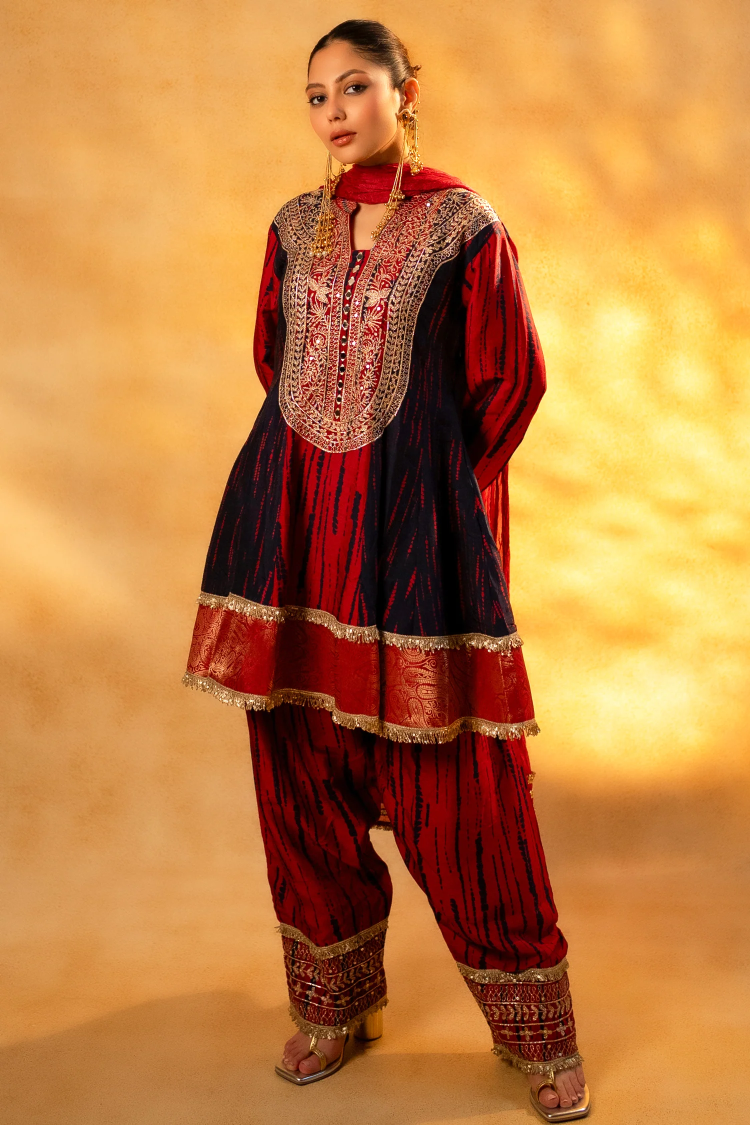 Maroon and Dark Navy Blue Raw Silk Choga Style Suit - Image 5