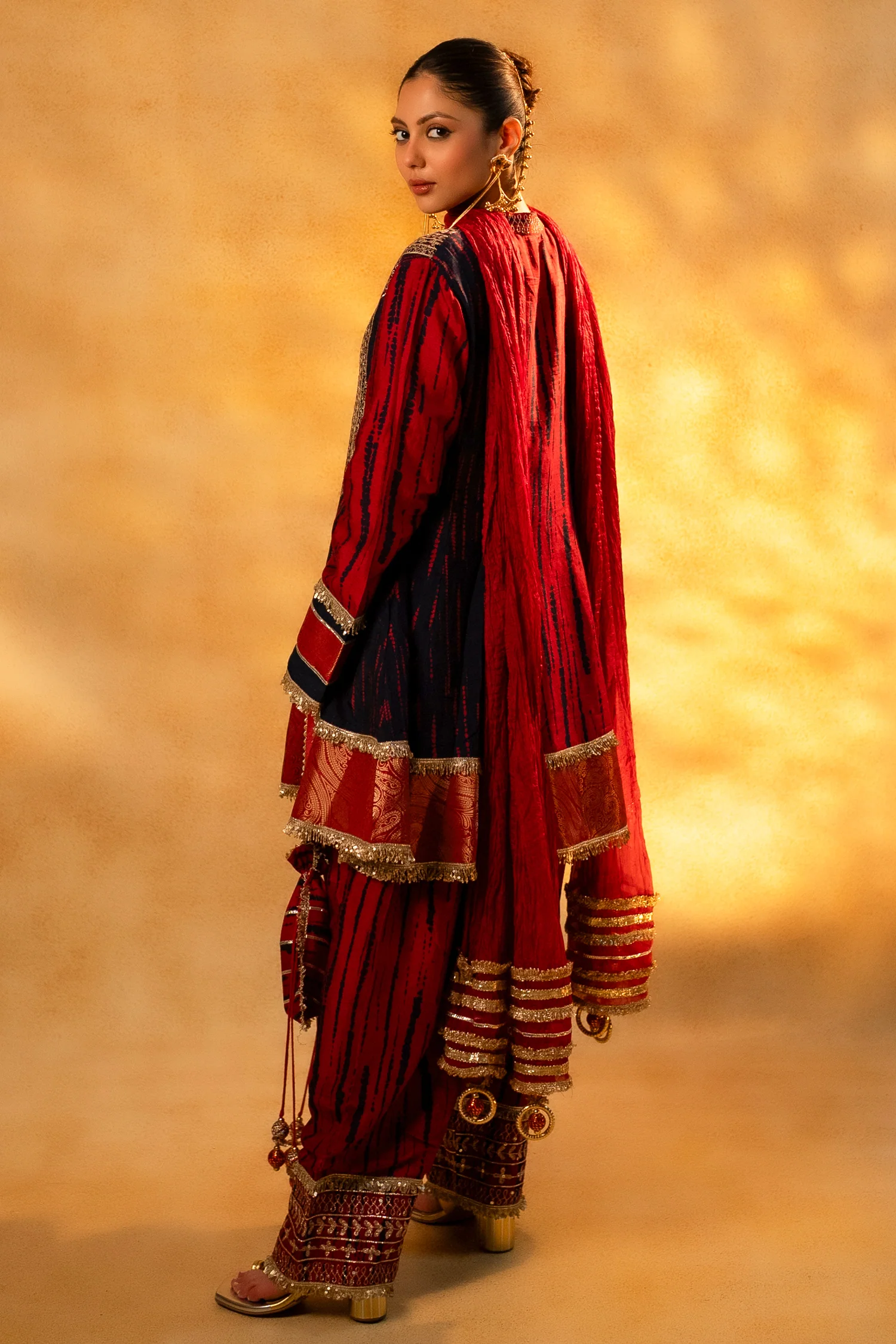 Maroon and Dark Navy Blue Raw Silk Choga Style Suit - Image 6