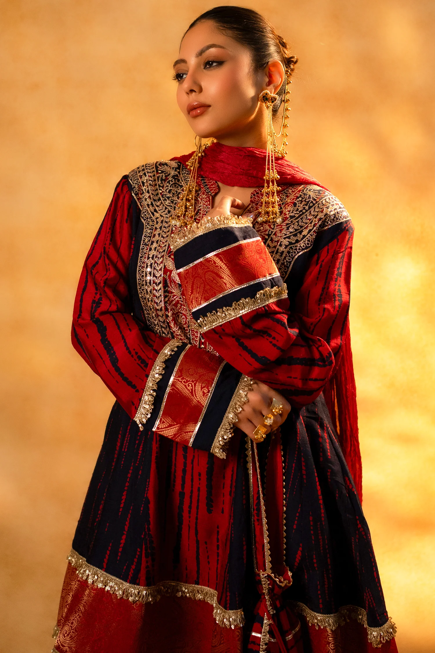 Maroon and Dark Navy Blue Raw Silk Choga Style Suit - Image 7