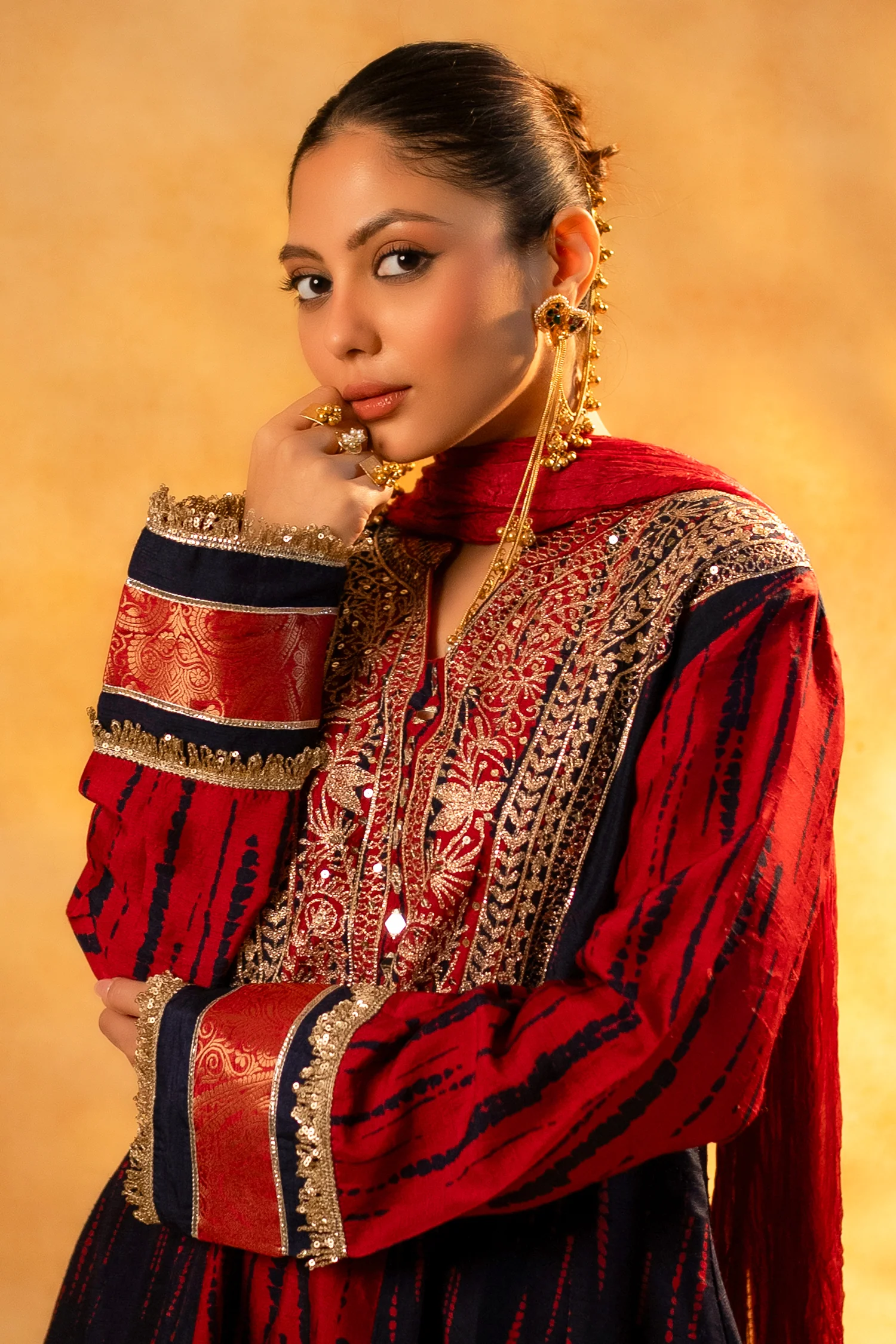 Maroon and Dark Navy Blue Raw Silk Choga Style Suit - Image 8