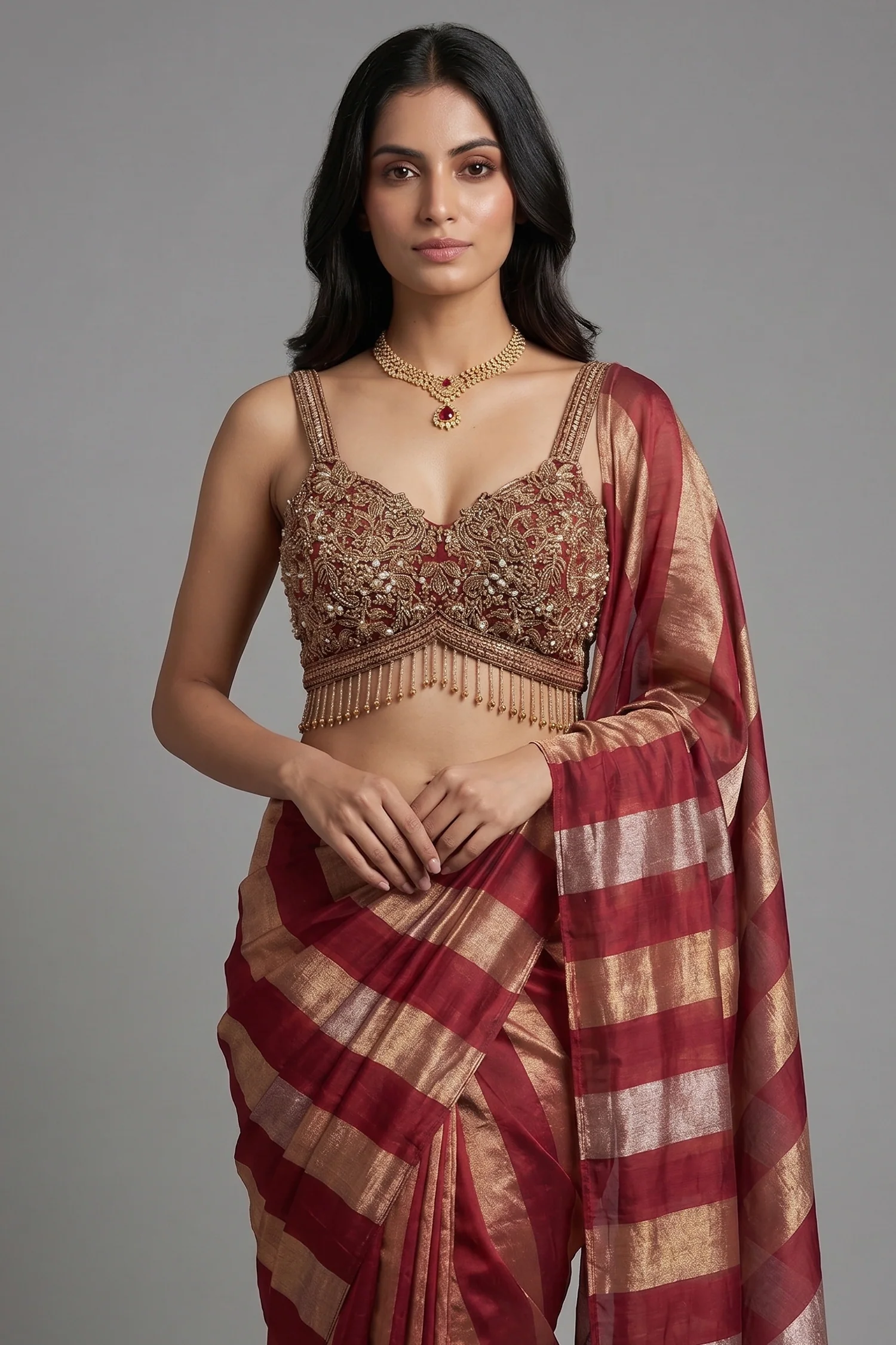 Maroon and Gold Striped Readymade Saree with Heavily Embellished Blouse - Image 2