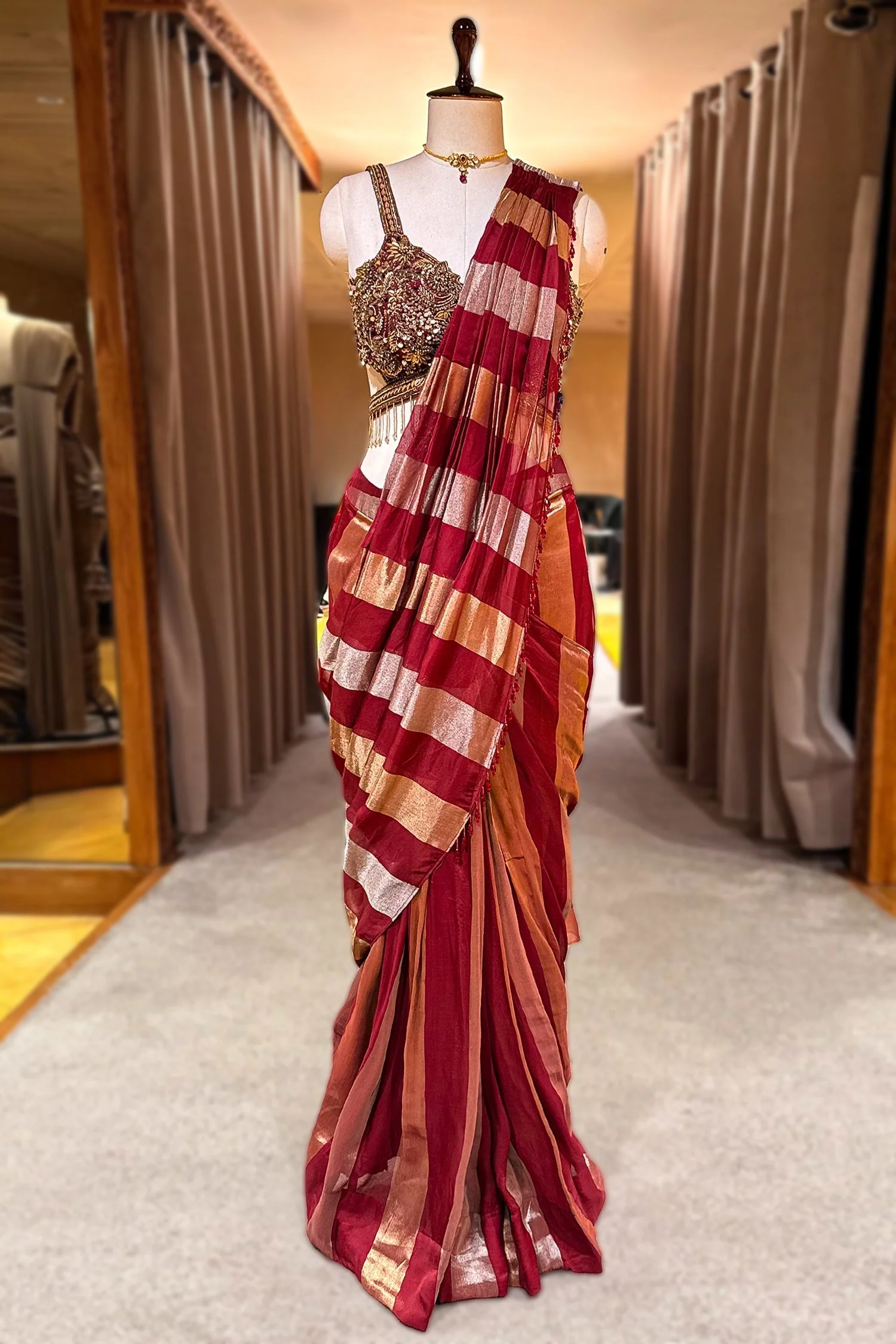 Maroon and Gold Striped Readymade Saree with Heavily Embellished Blouse - Image 3