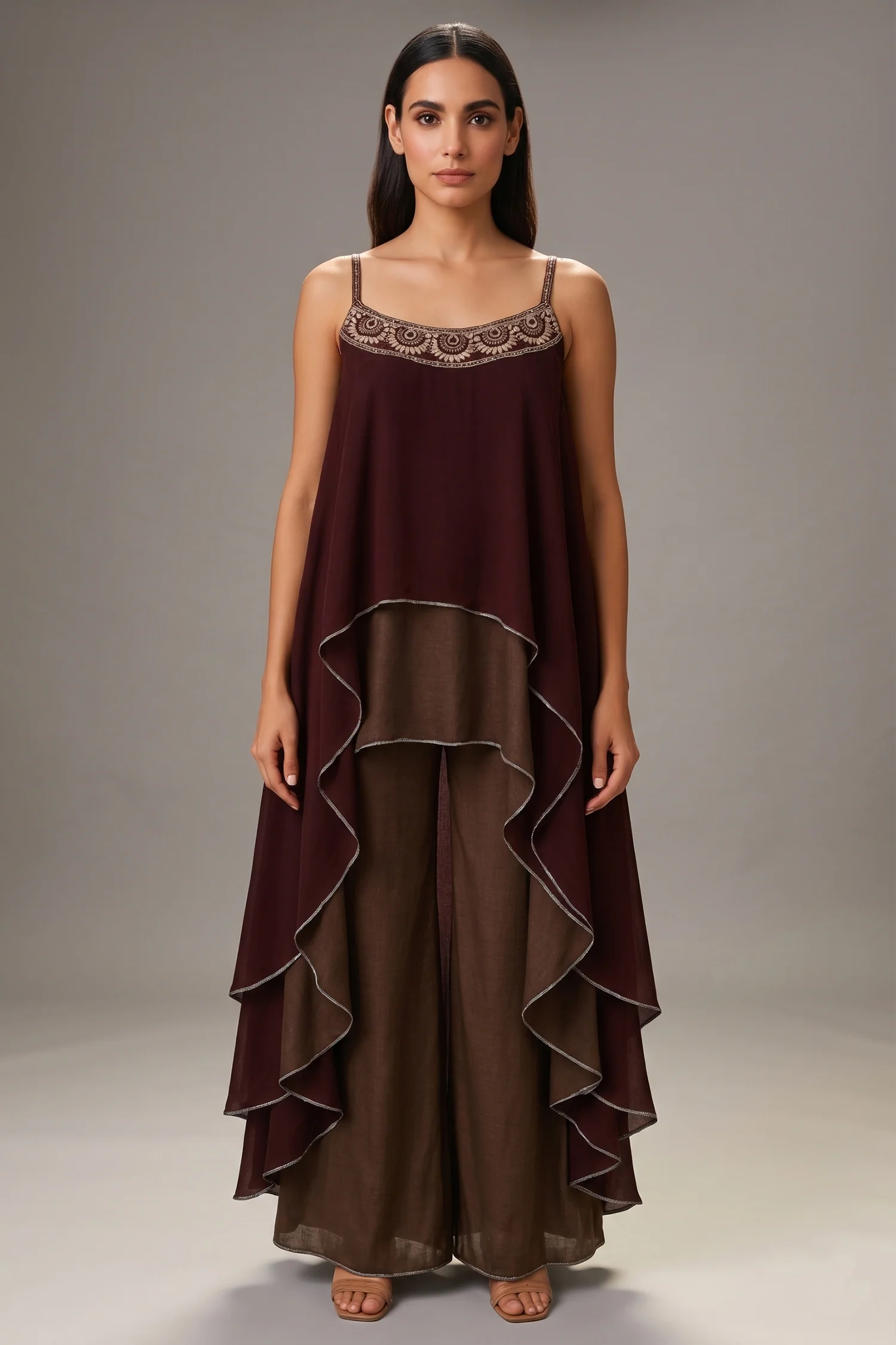Maroon and Taupe Georgette Square Neck High and Low Layered Asymmetric Hem Detail Co-Ord Set
