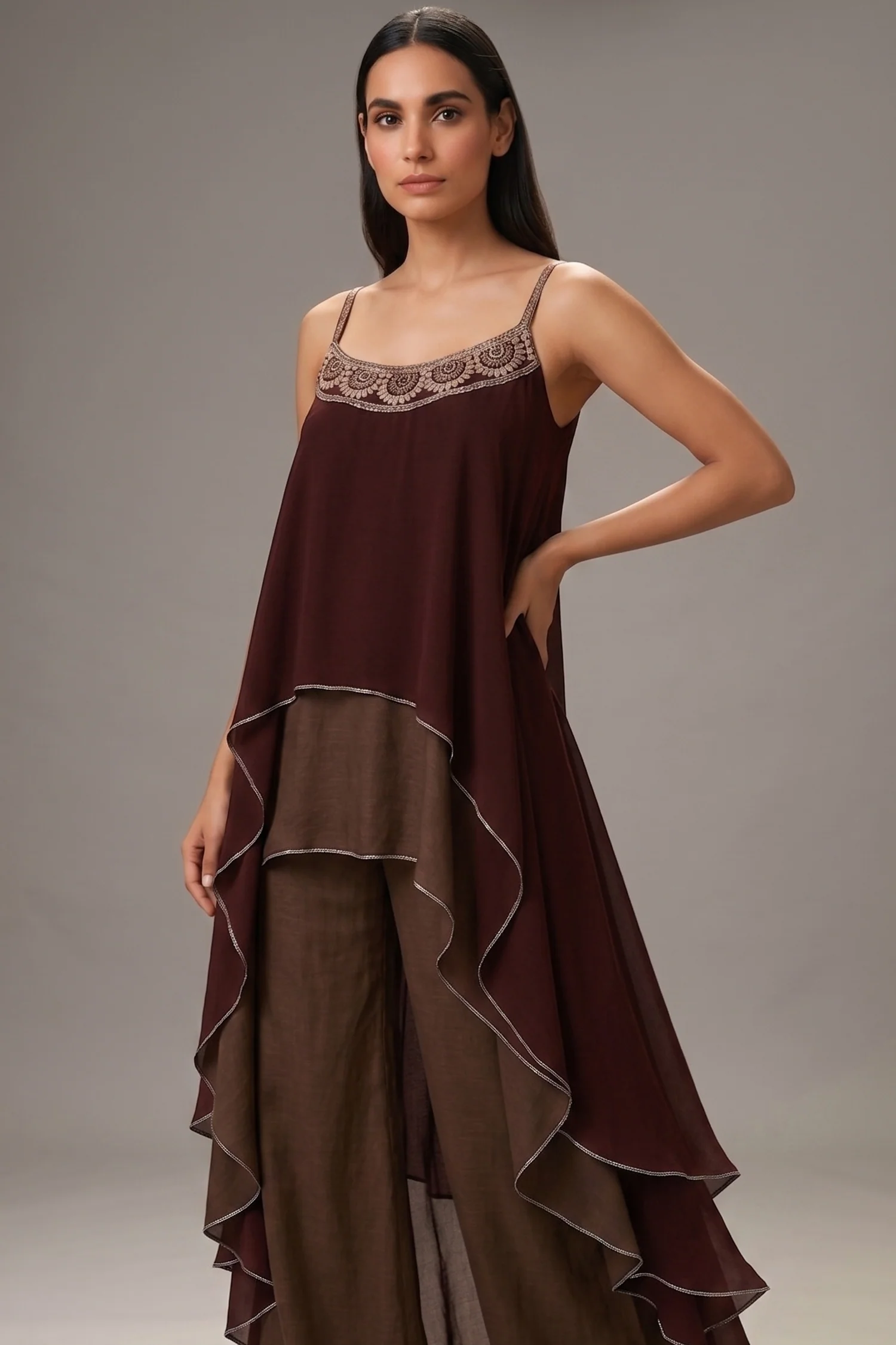 Maroon and Taupe Georgette Square Neck High and Low Layered Asymmetric Hem Detail Co-Ord Set - Image 2