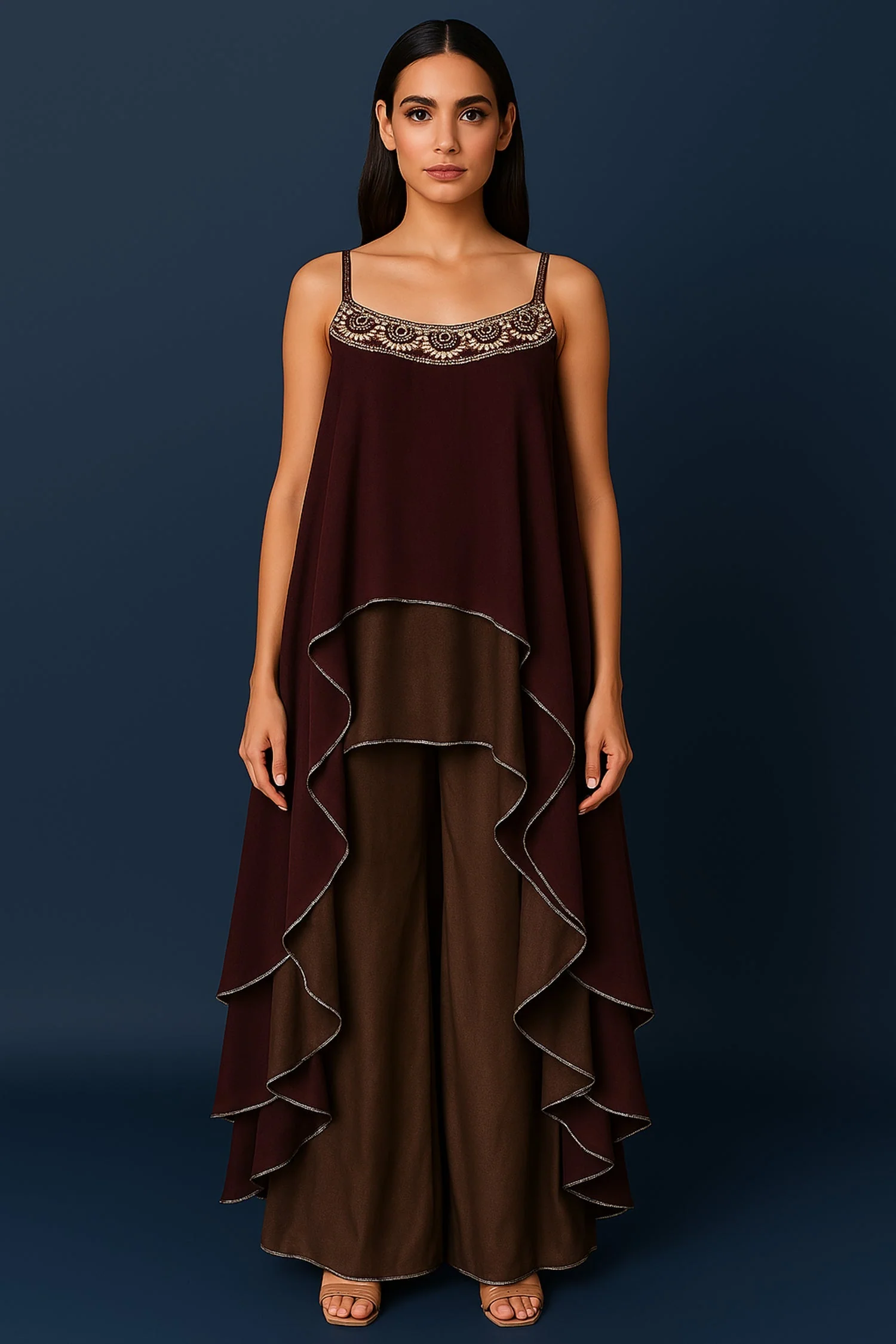 Maroon and Taupe Georgette Square Neck High and Low Layered Asymmetric Hem Detail Co-Ord Set - Image 3