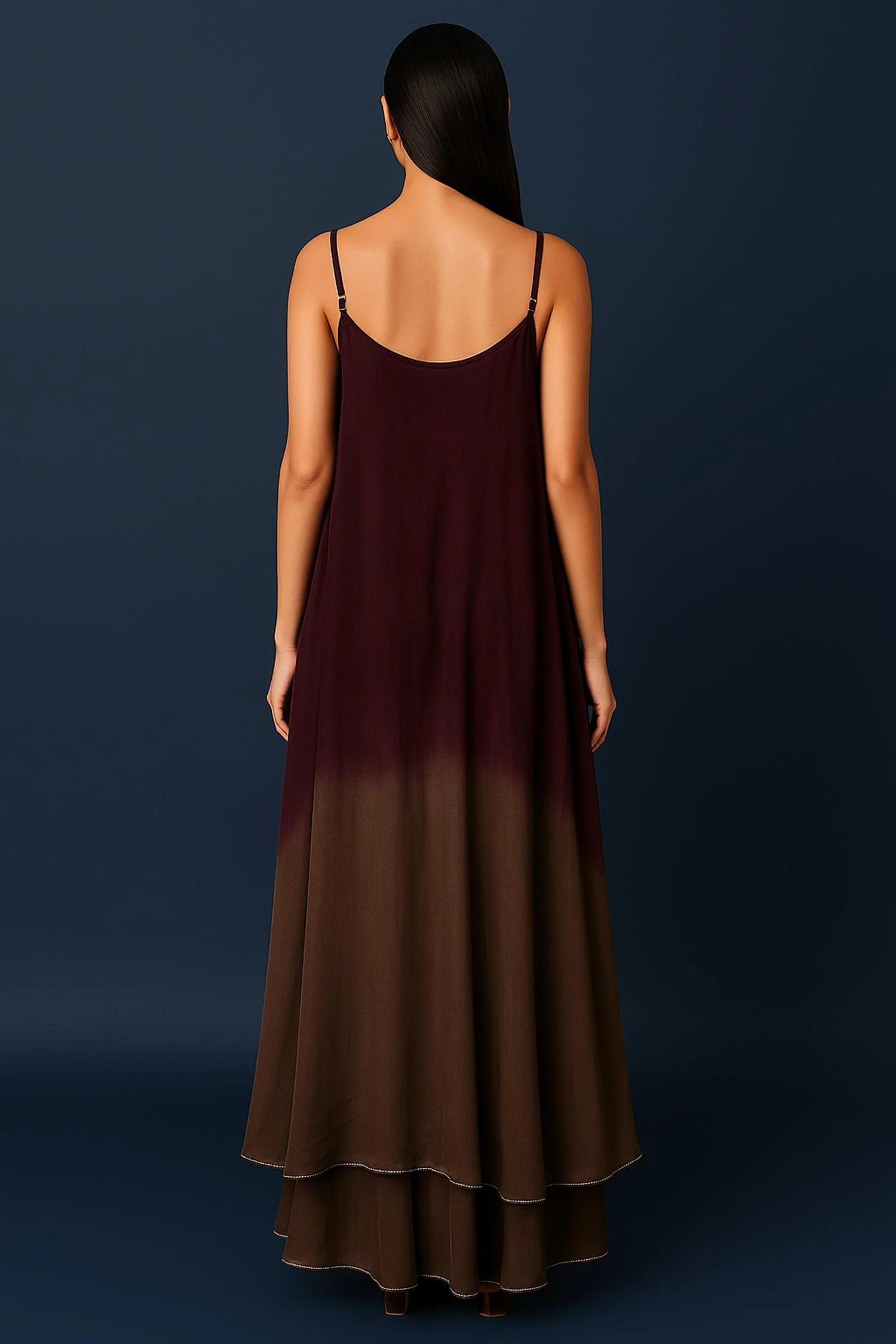 Maroon and Taupe Georgette Square Neck High and Low Layered Asymmetric Hem Detail Co-Ord Set - Image 4