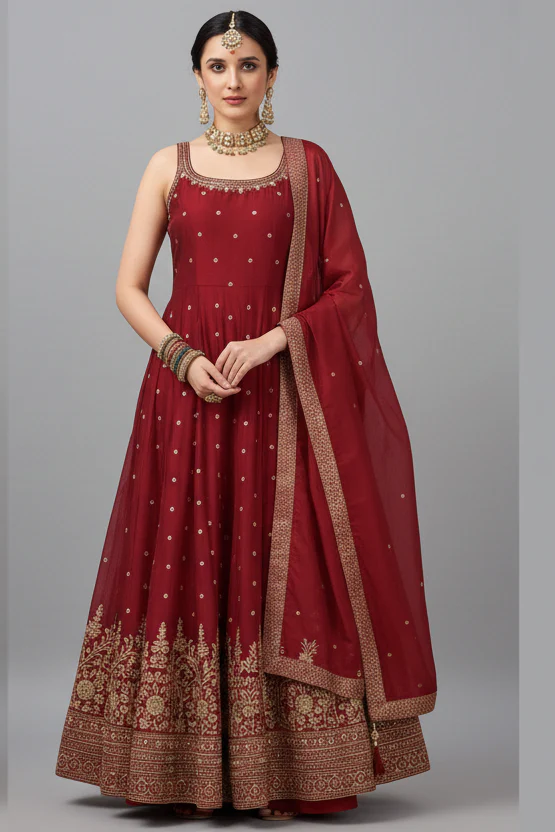 Maroon Art Silk Woven Anarkali Palazzo Suit with Beads and Mirror Work