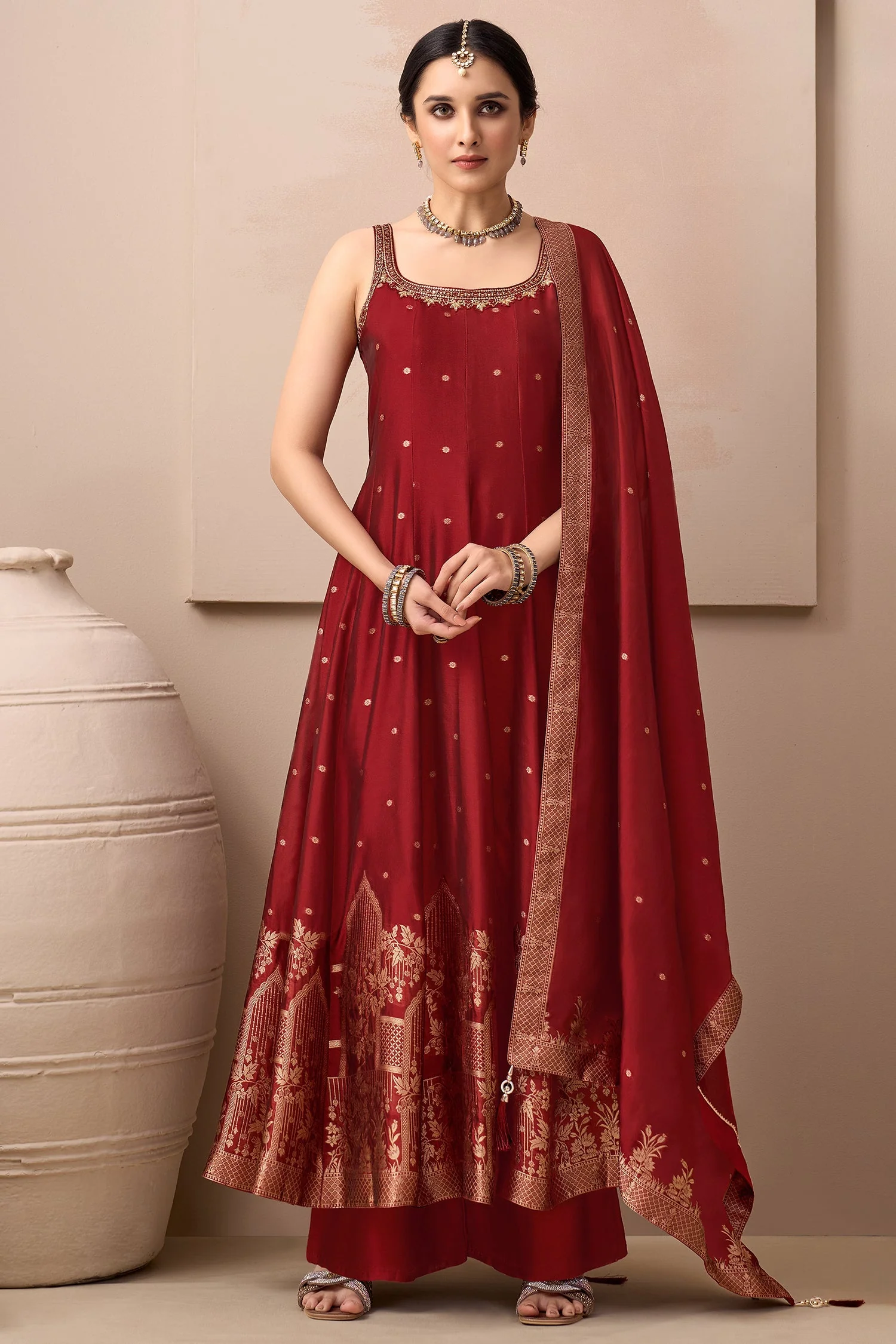 Maroon Art Silk Woven Anarkali Palazzo Suit with Beads and Mirror Work - Image 2