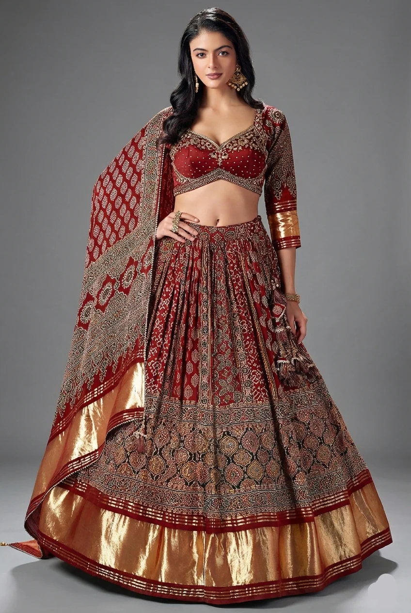 Maroon Gaji Silk Ajrakh Printed Lehenga