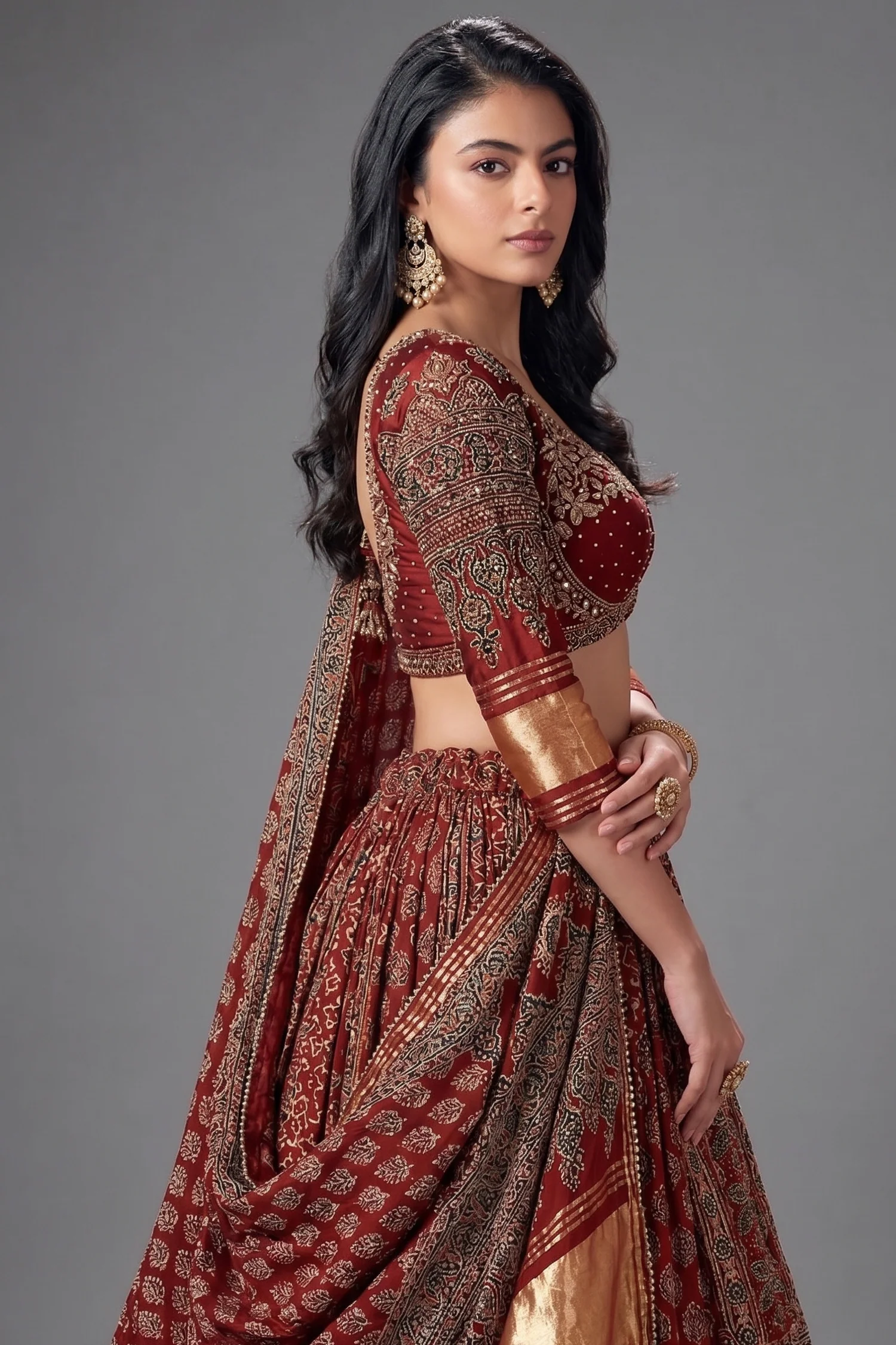 Maroon Gaji Silk Ajrakh Printed Lehenga - Image 2