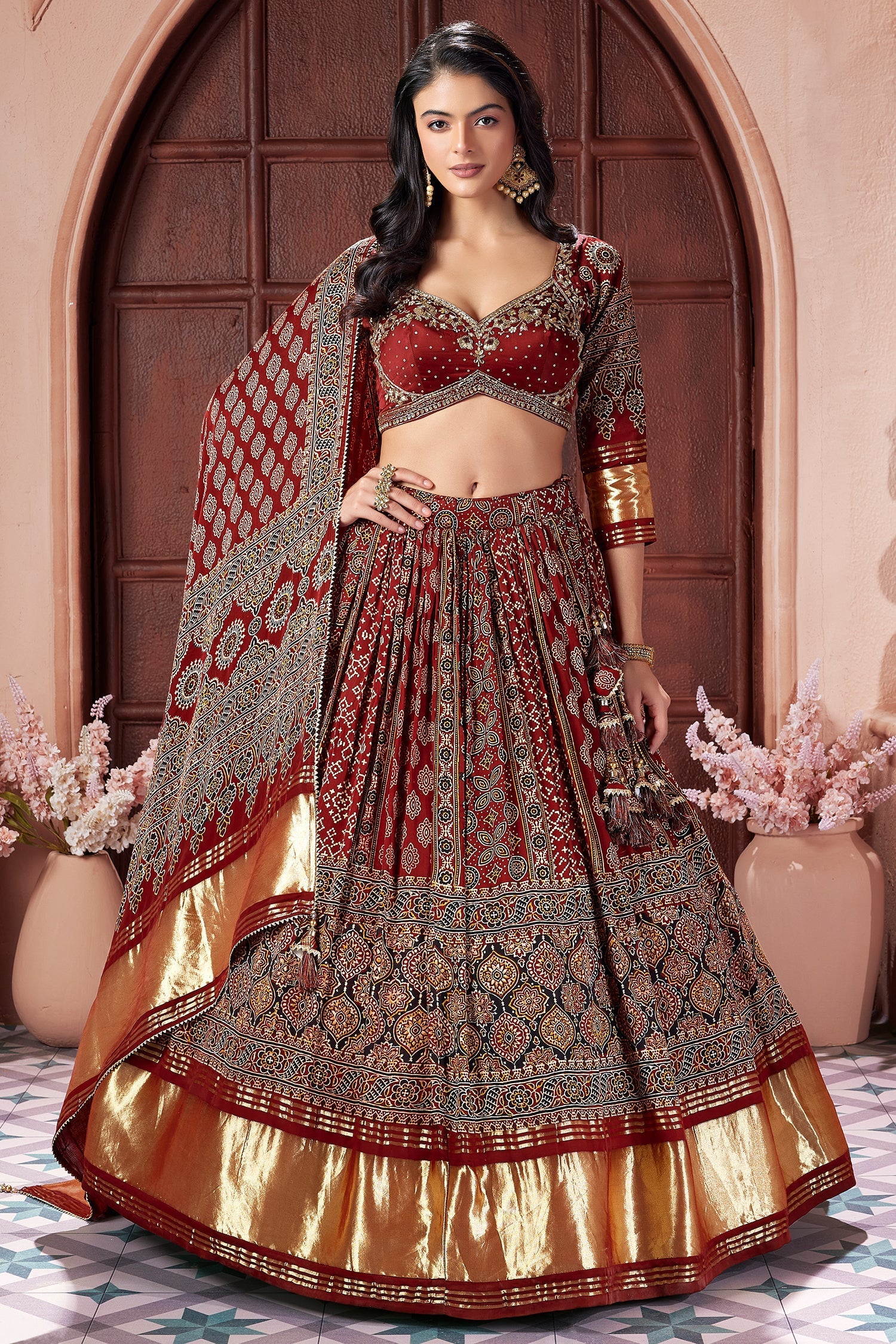 Maroon Gaji Silk Ajrakh Printed Lehenga - Image 3