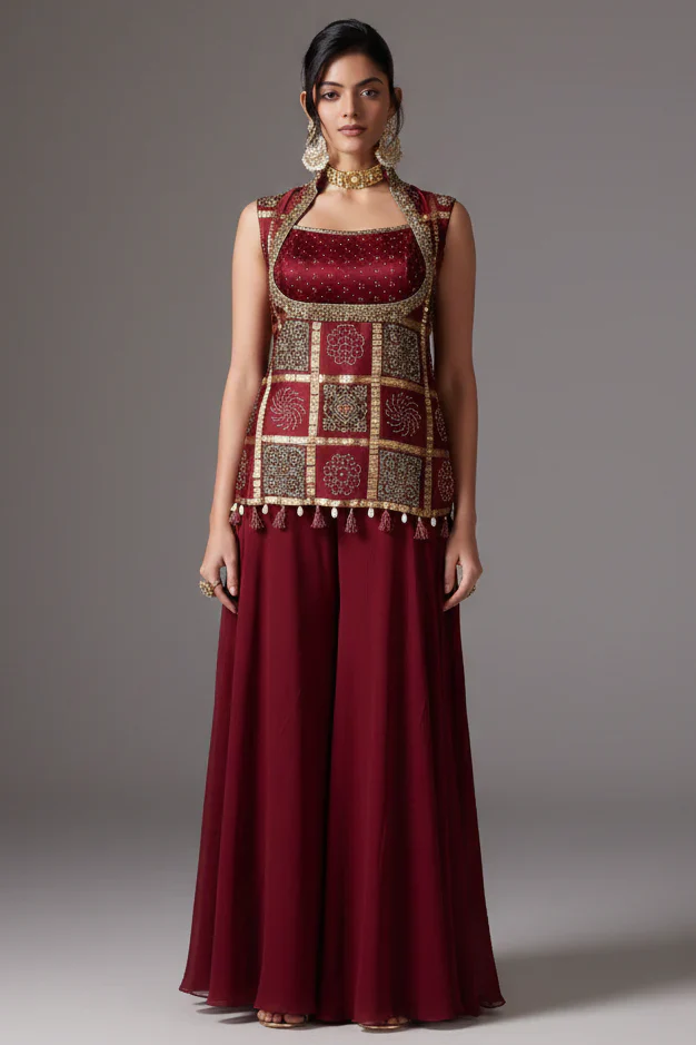 Maroon Gaji Silk Ajrakh Printed Palazzo Suit