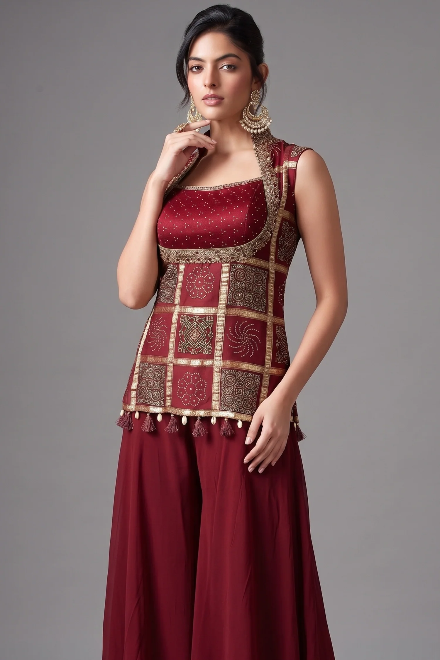Maroon Gaji Silk Ajrakh Printed Palazzo Suit - Image 2