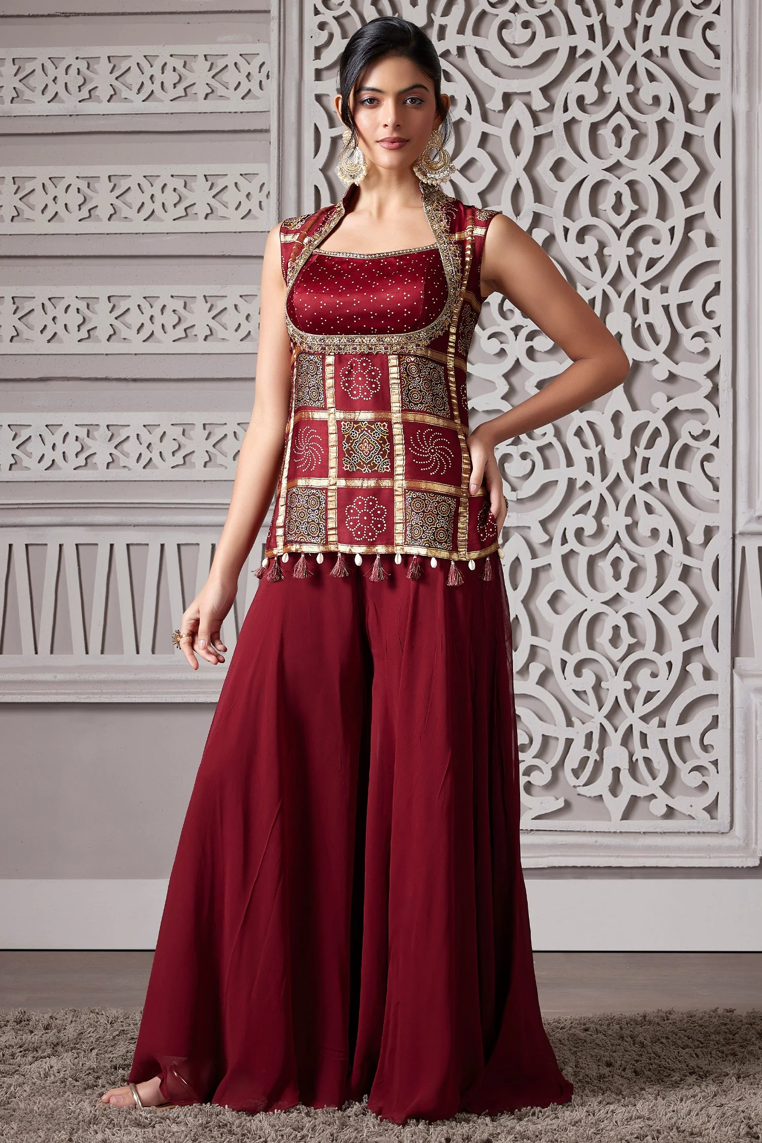 Maroon Gaji Silk Ajrakh Printed Palazzo Suit - Image 3