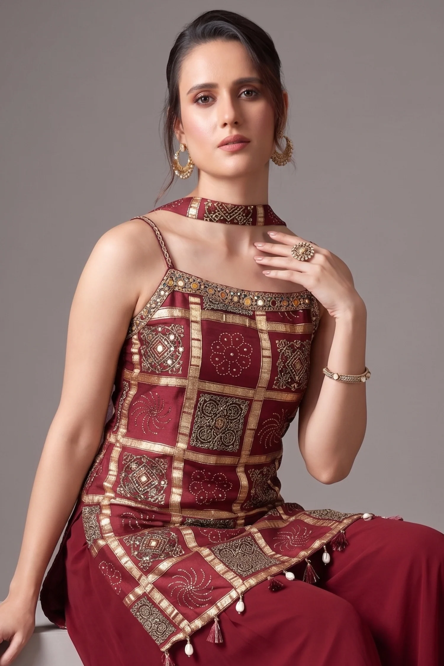 Maroon Gaji Silk Ajrakh Printed Straight Cut Palazzo Suit with Tassles - Image 2
