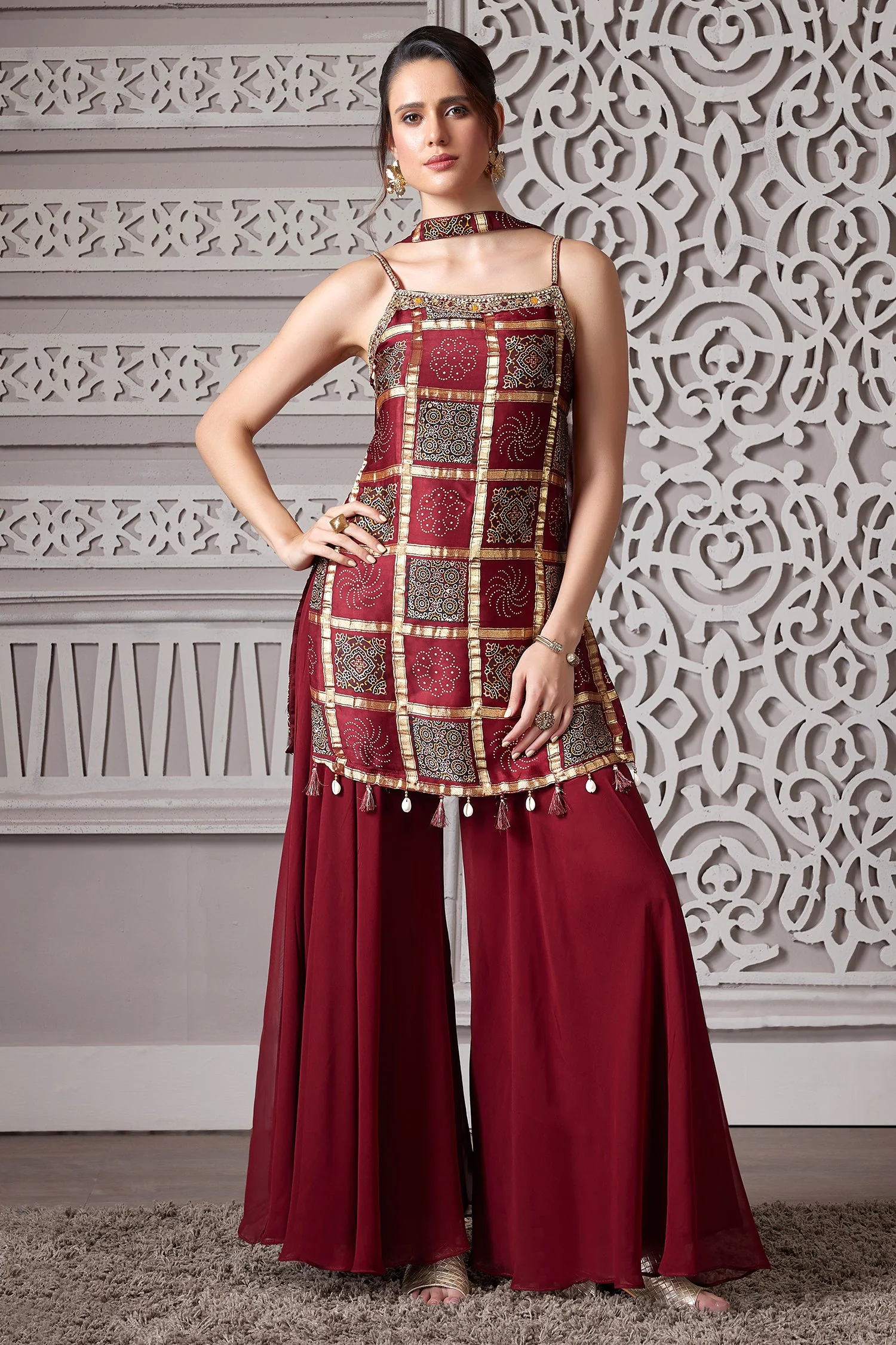Maroon Gaji Silk Ajrakh Printed Straight Cut Palazzo Suit with Tassles - Image 3