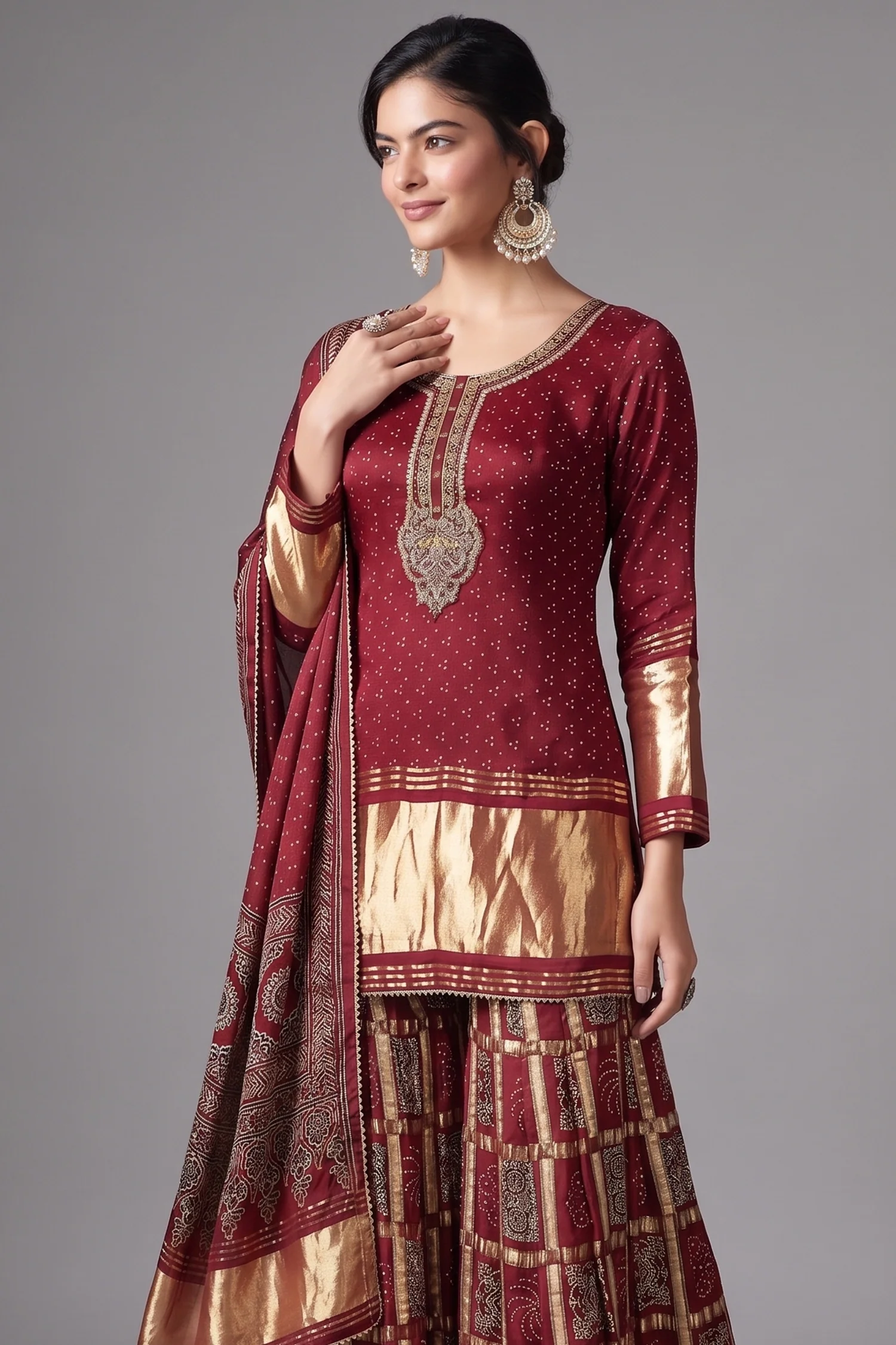 Maroon Gaji Silk Sharara Suit with Zardosi and Cutdana Work - Image 2