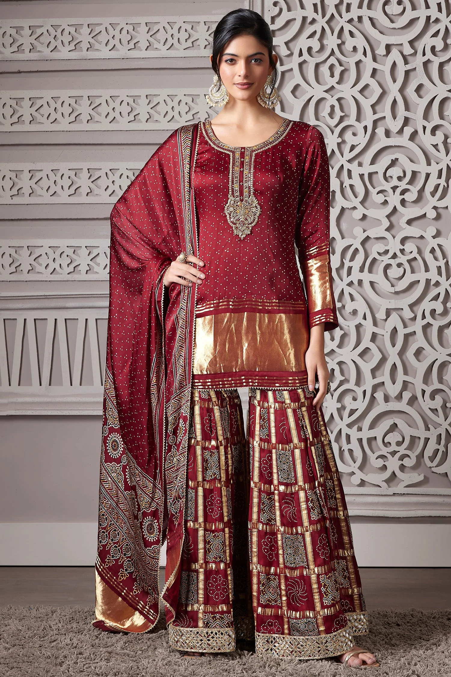 Maroon Gaji Silk Sharara Suit with Zardosi and Cutdana Work - Image 3