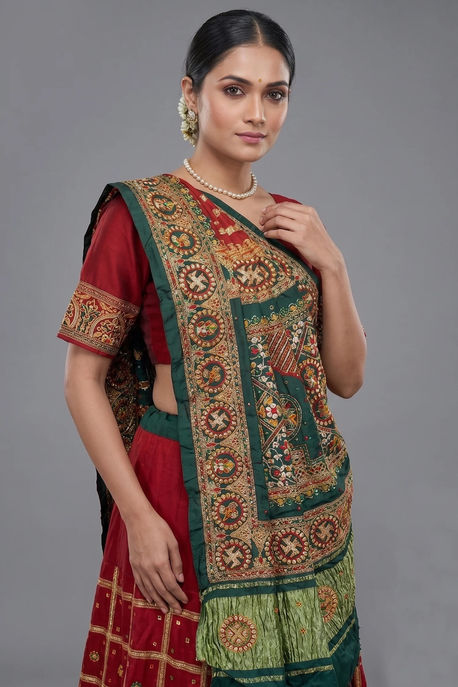 Maroon Gaji Silk Swastik Motif Traditional Gharchola Saree with Embroidery - Image 2