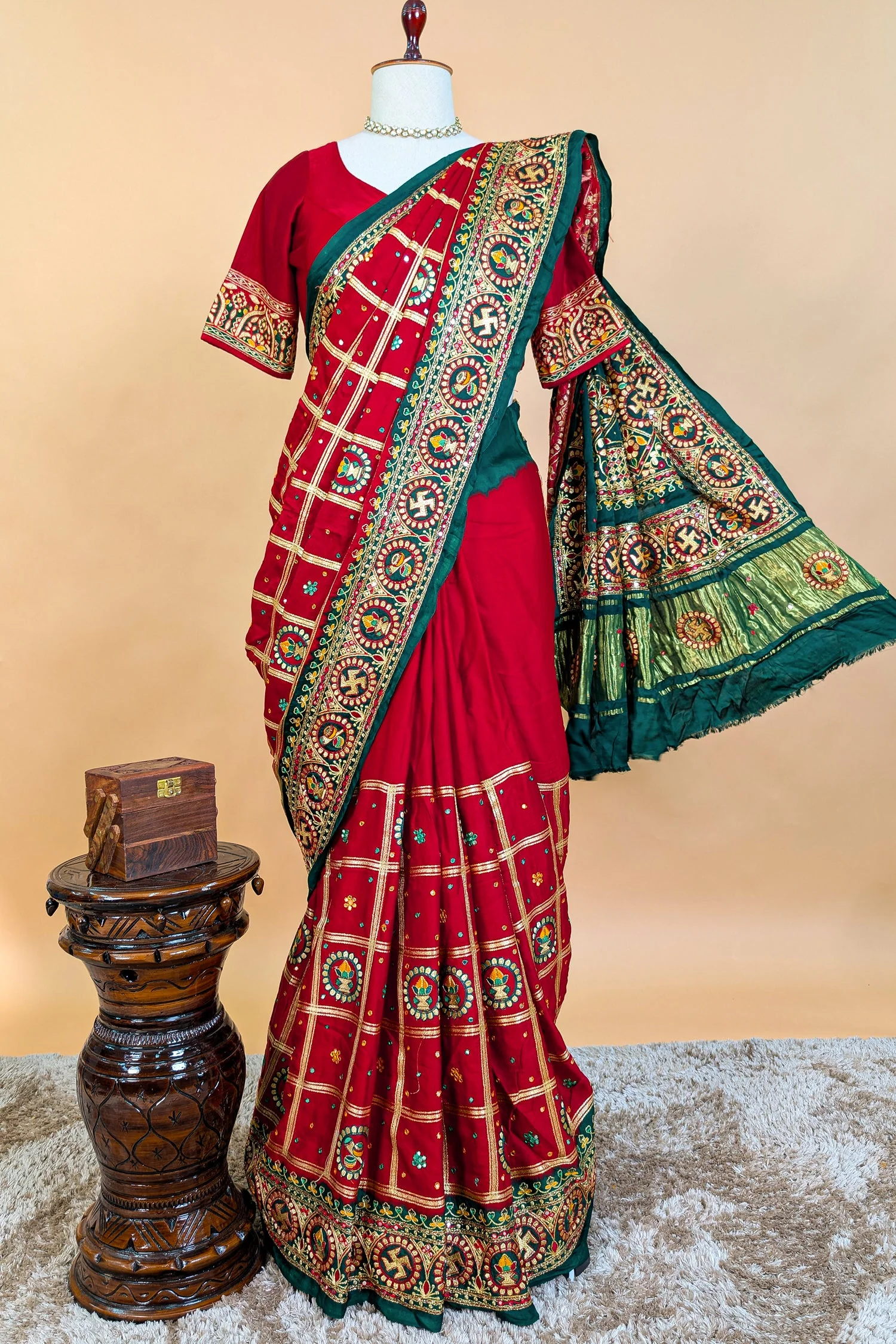 Maroon Gaji Silk Swastik Motif Traditional Gharchola Saree with Embroidery - Image 4