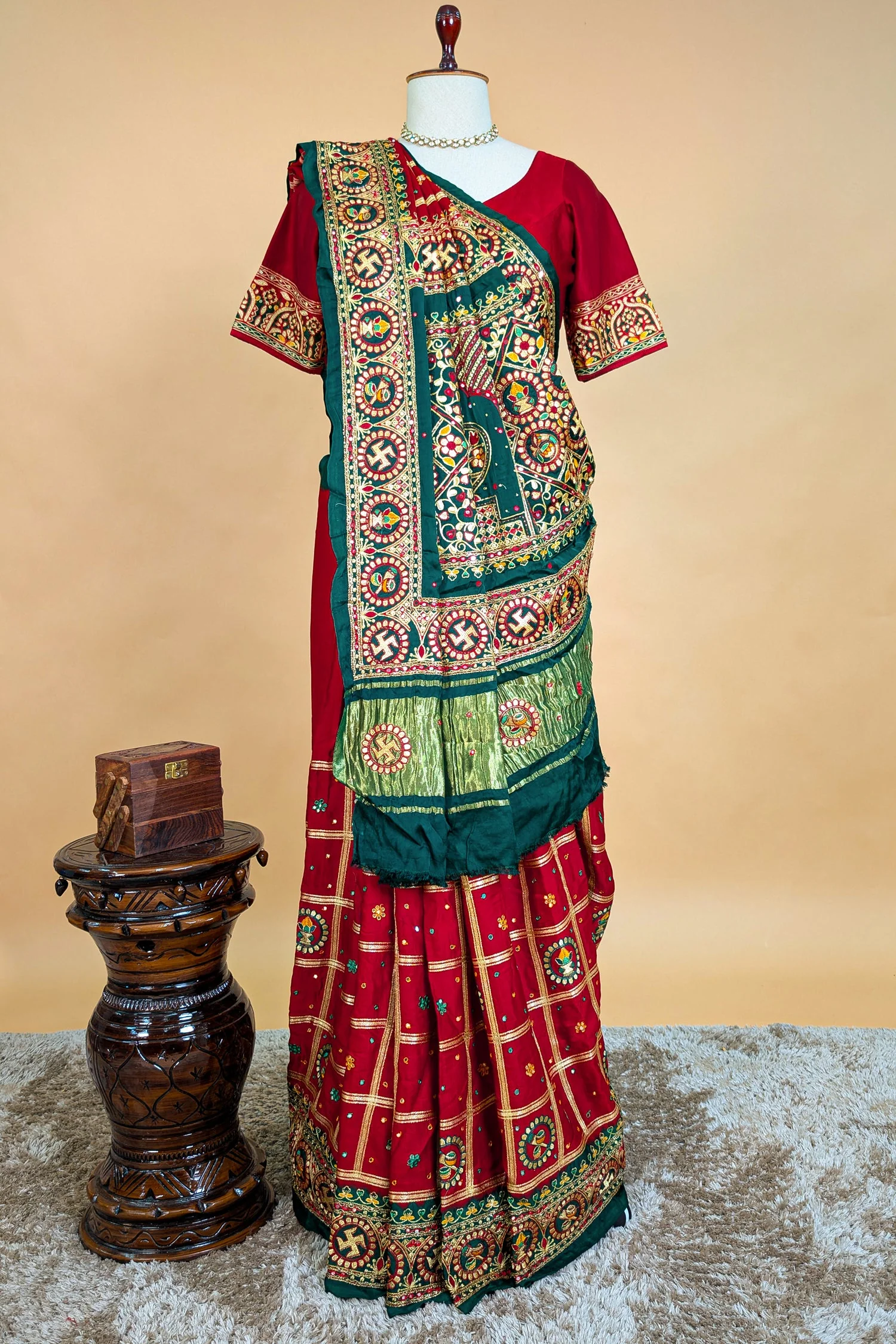 Maroon Gaji Silk Swastik Motif Traditional Gharchola Saree with Embroidery - Image 5