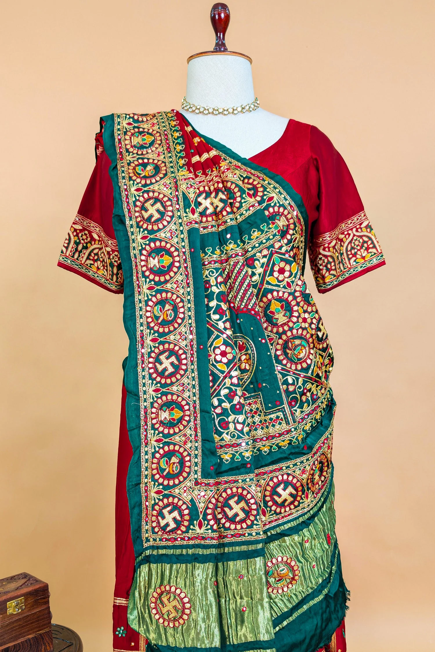 Maroon Gaji Silk Swastik Motif Traditional Gharchola Saree with Embroidery - Image 6