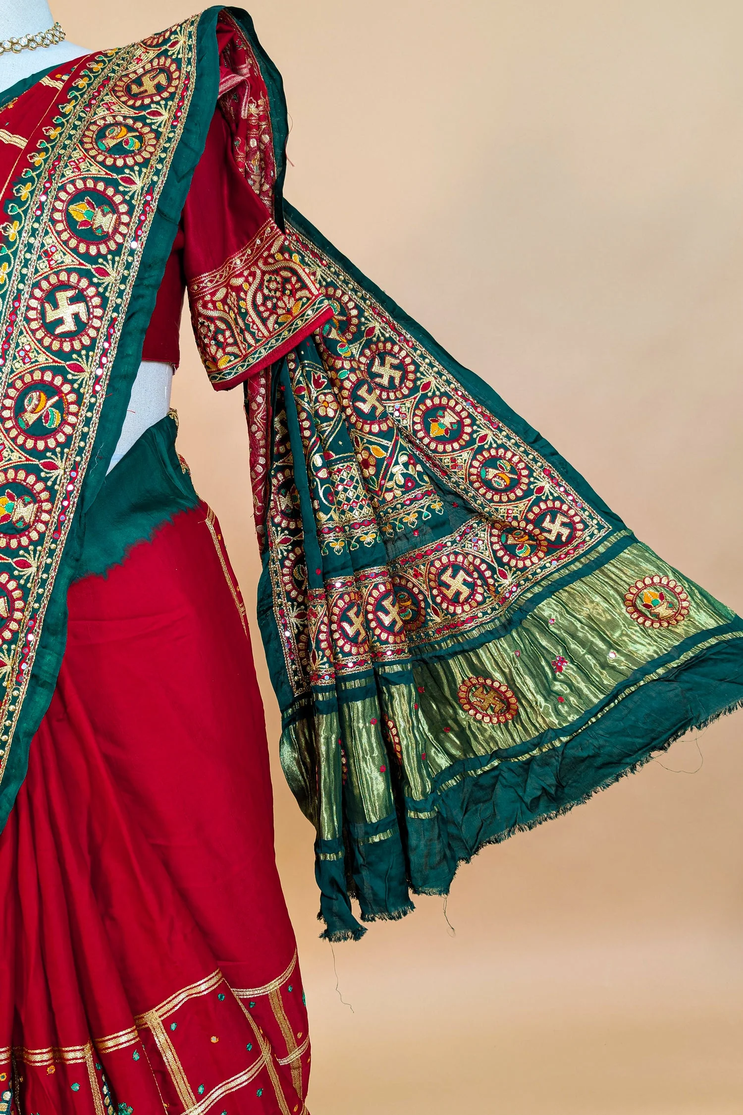 Maroon Gaji Silk Swastik Motif Traditional Gharchola Saree with Embroidery - Image 7