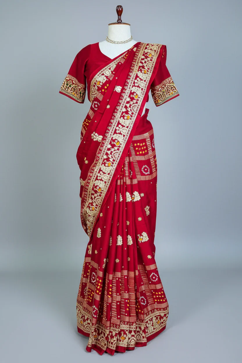 Maroon Gaji Silk Traditional Bandhej Checks Gharchola Saree with Embroidery and Peacock Motif - Image 3