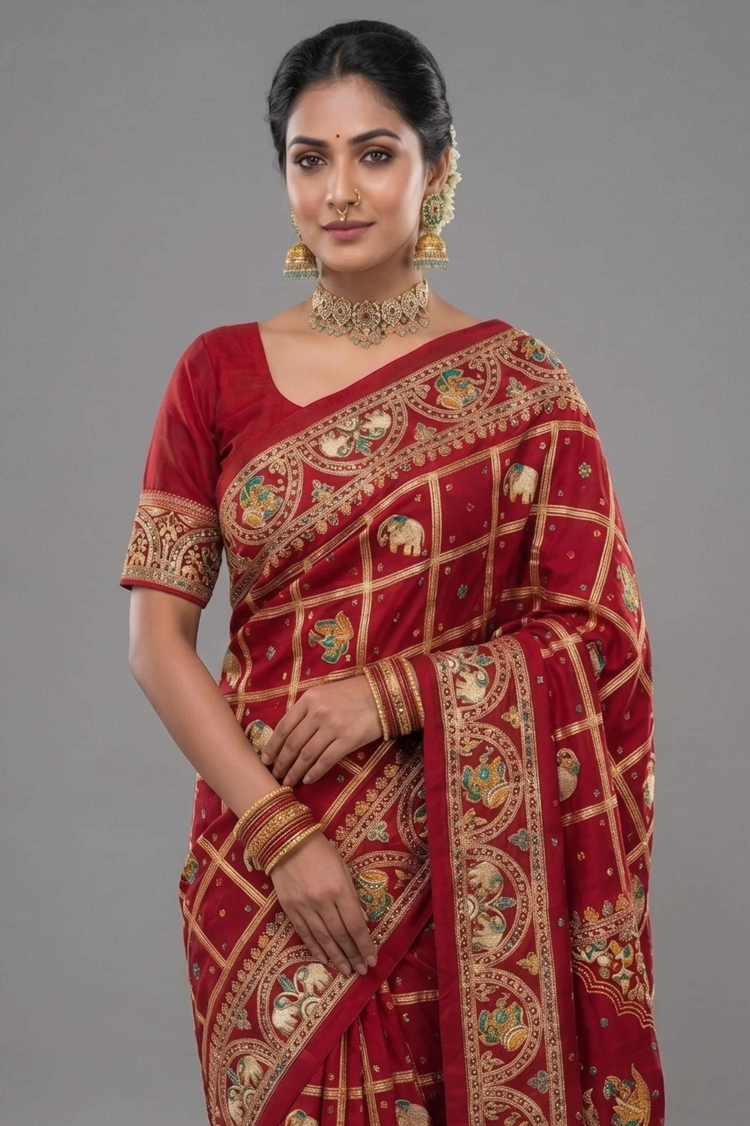Maroon Gaji Silk Traditional Checks Gharchola Saree - Image 2