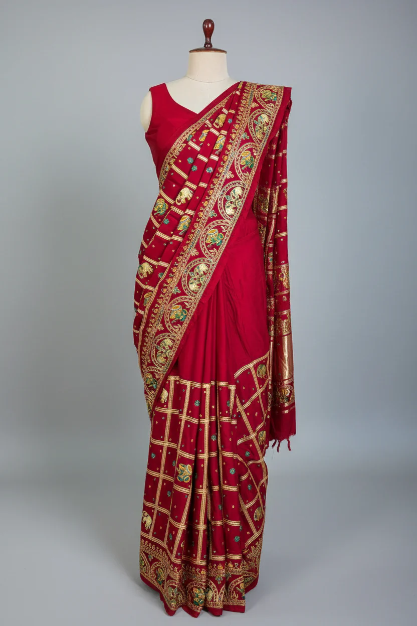 Maroon Gaji Silk Traditional Checks Gharchola Saree - Image 3
