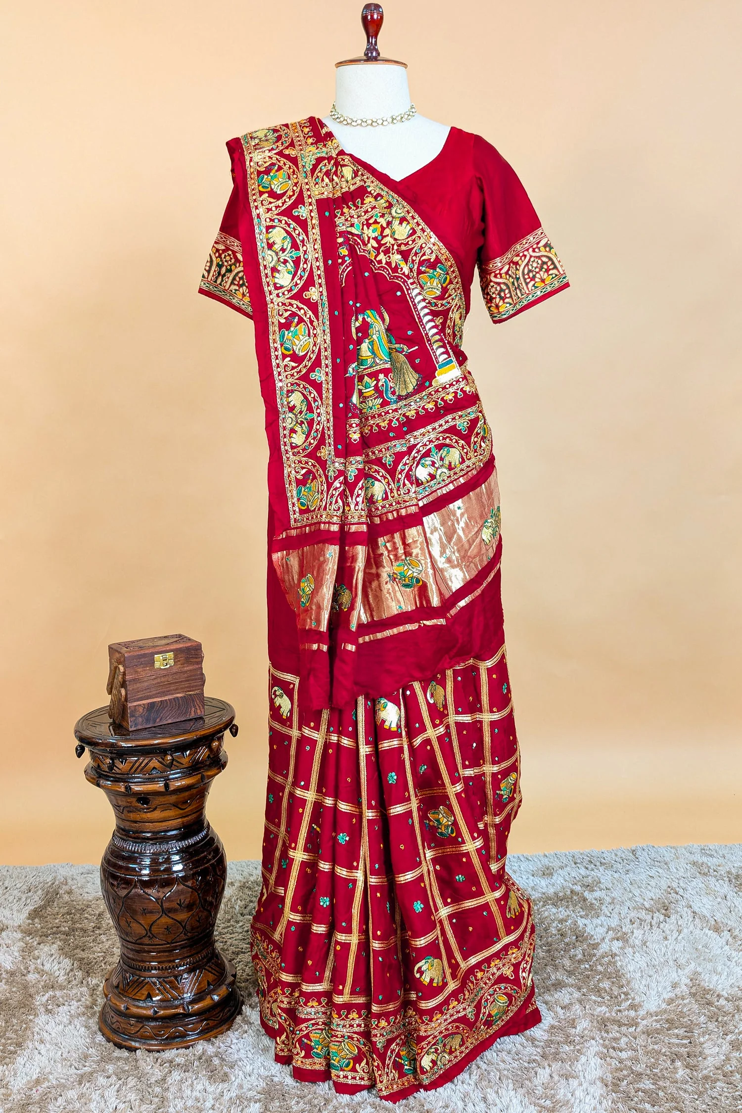 Maroon Gaji Silk Traditional Checks Gharchola Saree - Image 5